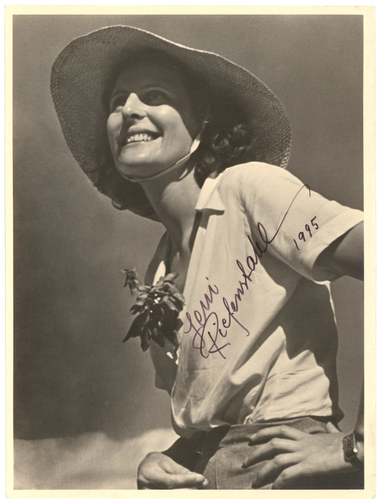 LENI RIEFENSTAHL: (1902 - 2003) German film director, an intimate friend of Hitler who filmed the propaganda classic, 'Triumph of the Will.' Fine vintage S.P. 8 x 10 in. b/w, boldly signed at right adding date 1995.