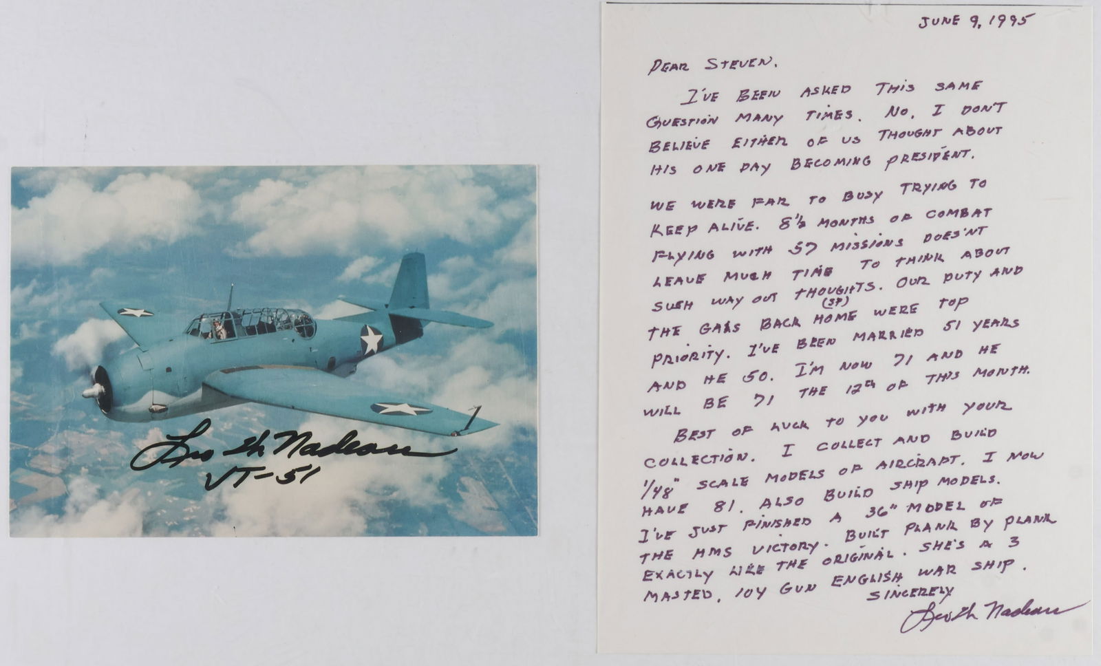 LEO W. NADEAU: Turret gunner for the X-2 piloted by George H. Bush during World War II. Two items: a S.P. 5.75 x 4 in. color postcard, showing Nadeau in flight and boldly signed adding ‘VT-51’. WITH: a