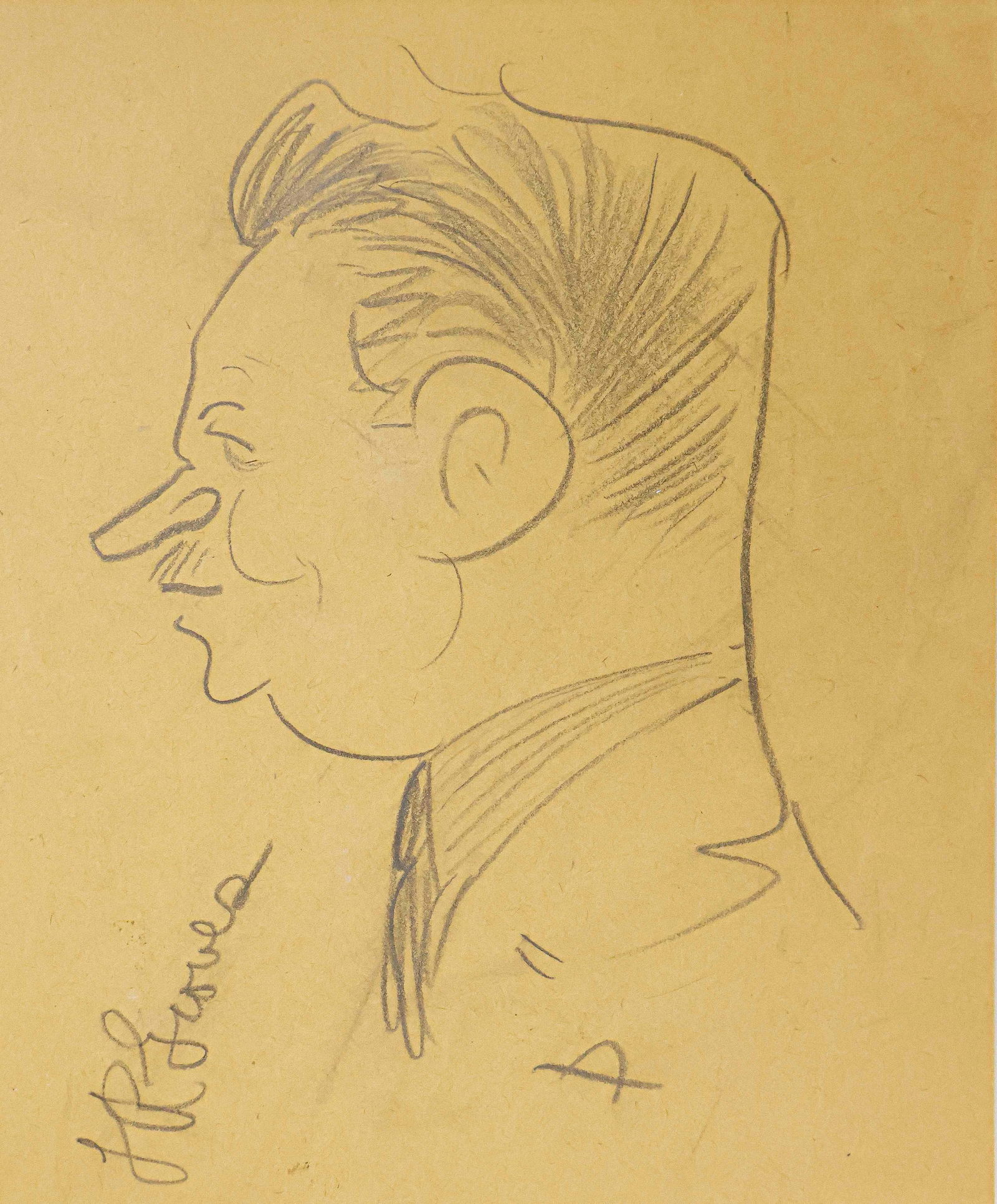 LESLIE R. GROVES: (1896-1970) American general who, with Robert Oppenheimer, headed the Manhattan Project in the development of the first atomic bomb. Original signed 7 x 8.5 in. caricature in graphite by noted