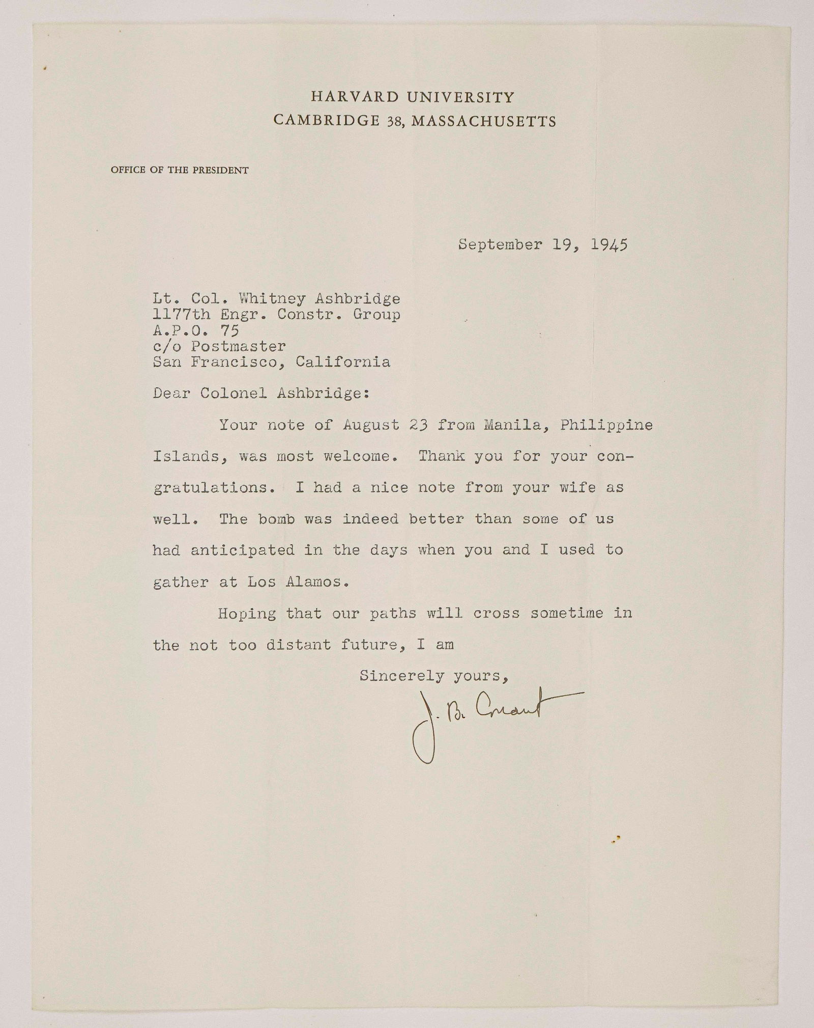 (MANHATTAN PROJECT) JAMES B. CONANT: (1893 – 1978) American chemist and a member of the National Defense Research Committee (NDRC) who, with Vannevar Bush, was largely responsible for placing Robert Oppenheimer in charge of the