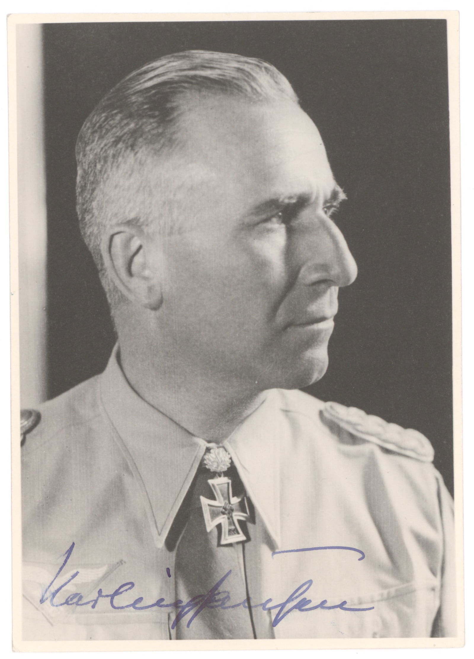 MARTIN HARLINGHAUSEN: (1902 - 1986) Luftwaffe commander and a recipient of the Knight's Cross with Oak Leaves. Fine war-date S.P. signed twice, 4 x 5.5 in. b/w, a chest, up pose displaying his Knights Cross with Oak