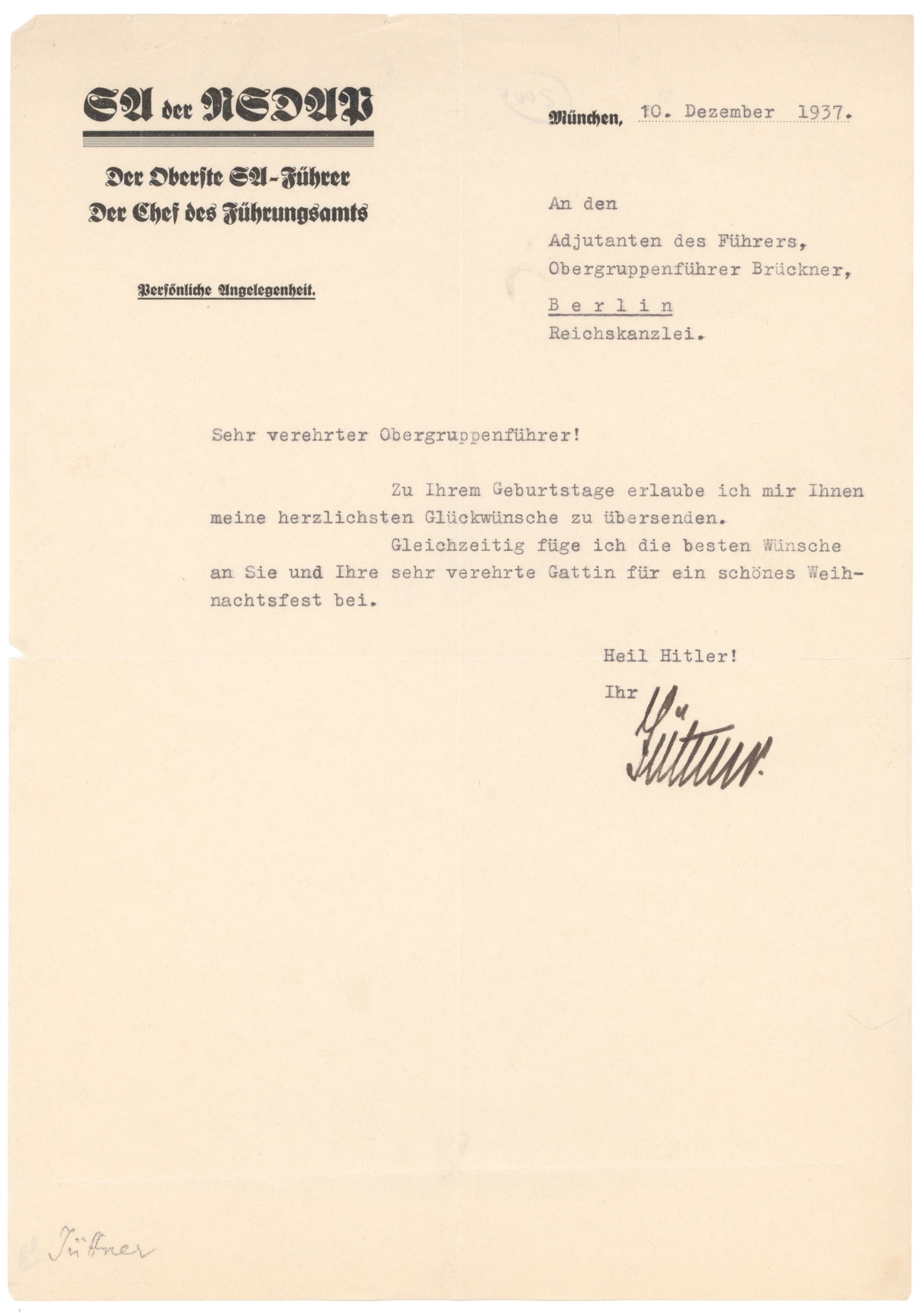 MAX JUTTNER: (1888 - 1963) German officer and paramilitary activist, served from 1934 to 1945 as deputy chief of staff of the SA and as head of the chief executive office of the Supreme SA leadership with rank as