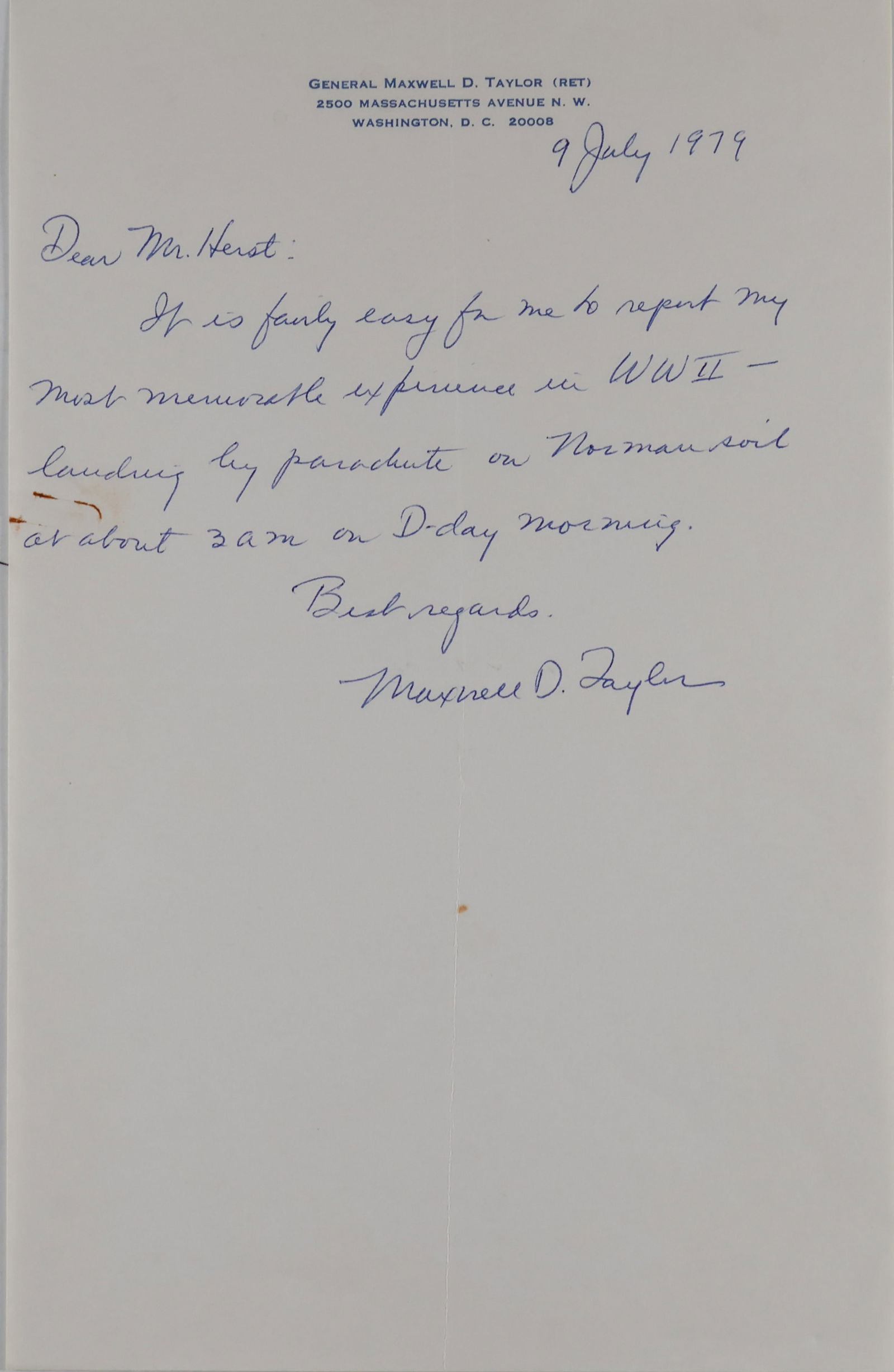 MAXWELL D. TAYLOR: (1901-1987) Senior United States Army officer and diplomat, served in World War II as Commander of 101st Airborne Division nicknamed 'The Screaming Eagles’. A.L.S. on his personal letterhead,