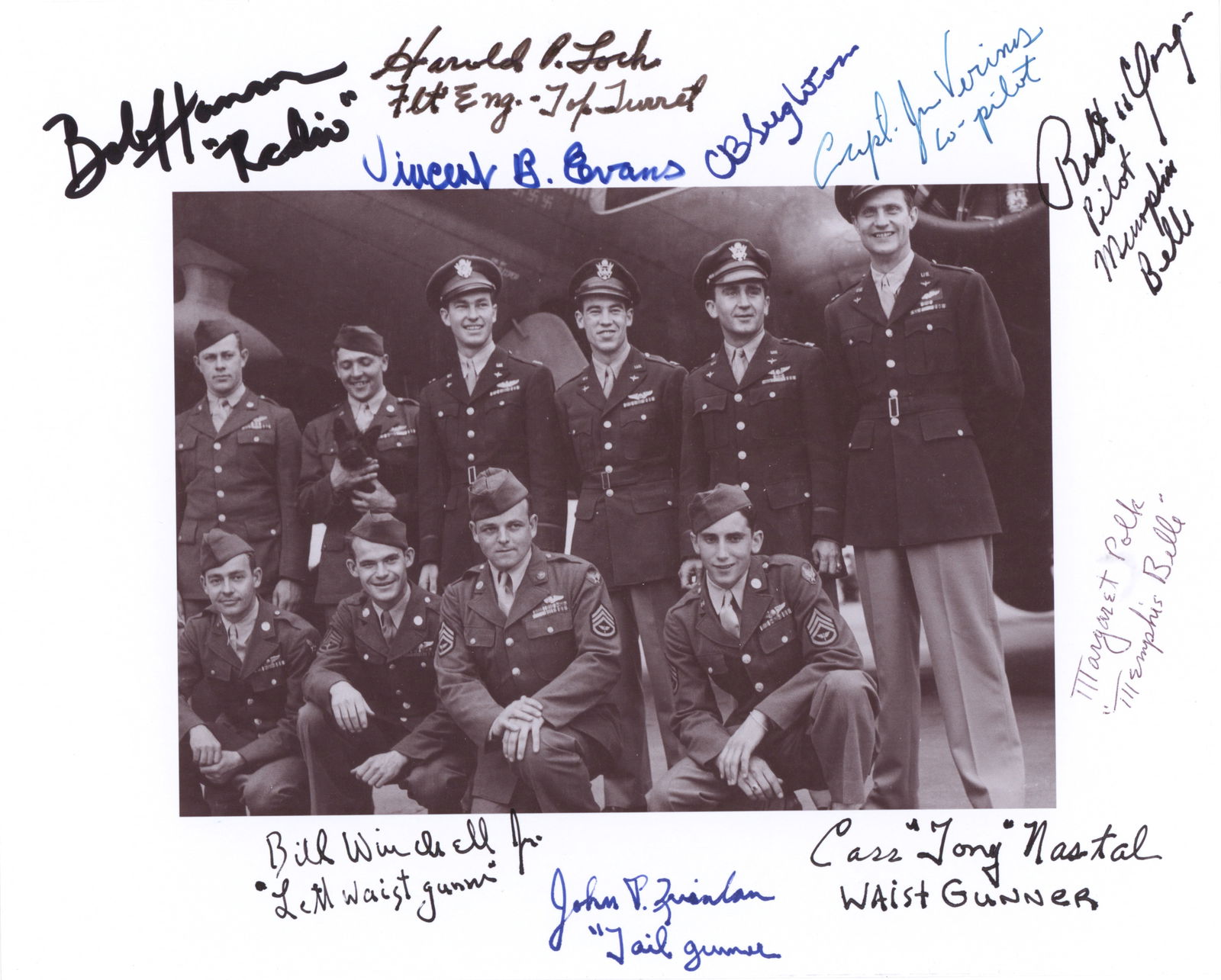 (MEMPHIS BELLE): S.P. 10 x 8 in. b/w, a reprint of a vintage image showing the crew, signed by nine crewmembers: BILL WINCHELL, JOHN QUINLAN, CASS NASTAL, BOB HANSON, VINCE EVANS, HAROLD LOCH, CHARLES LEIGHTON, JAMES