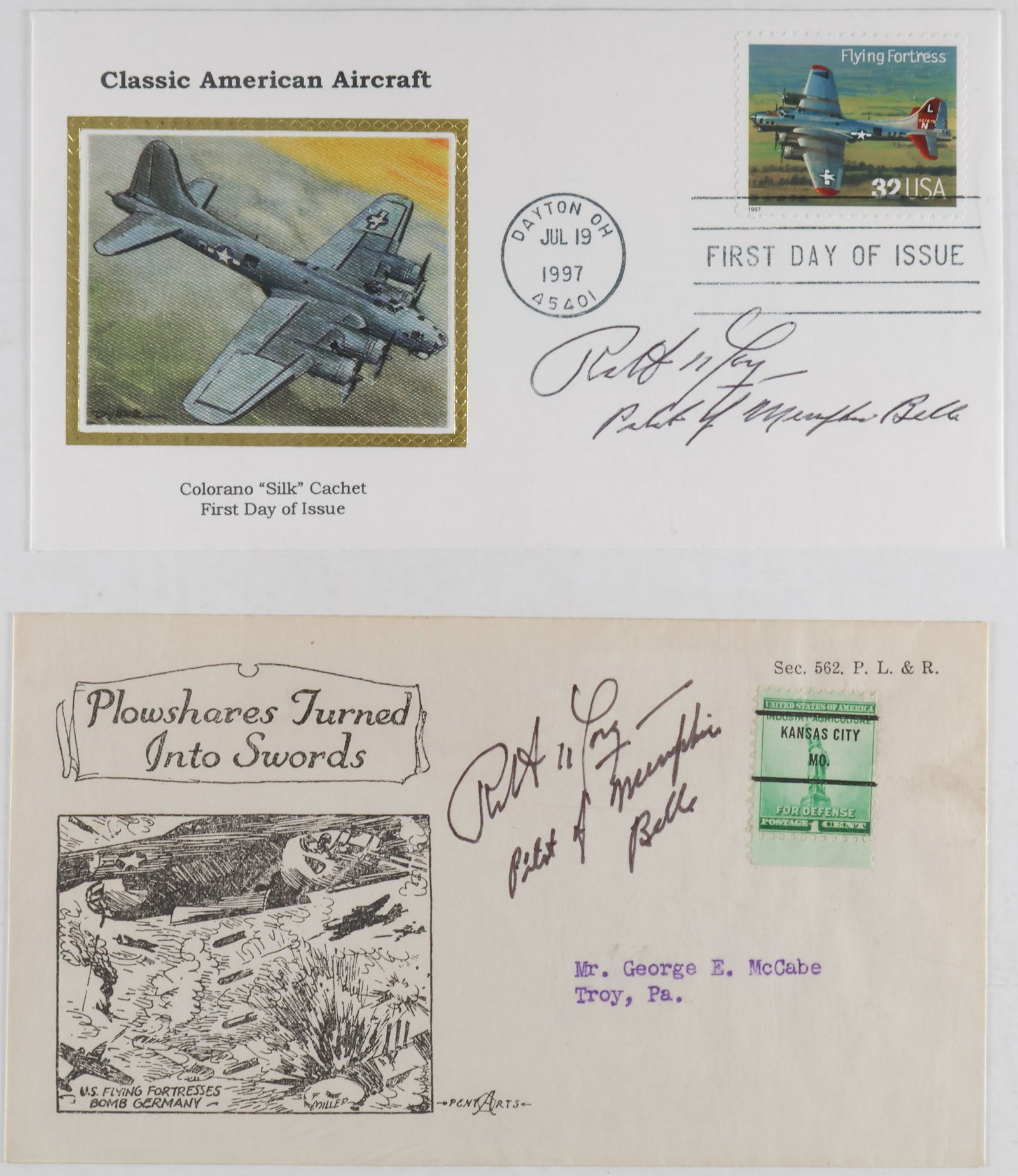 (MEMPHIS BELLE): ROBERT MORGAN (1918-2004) U.S. Army Air Corps bomber pilot, flew the legendary B-17 ‘Memphis Belle’ over Europe, as well as a B-29 over Japan. Two first day covers individually signed: