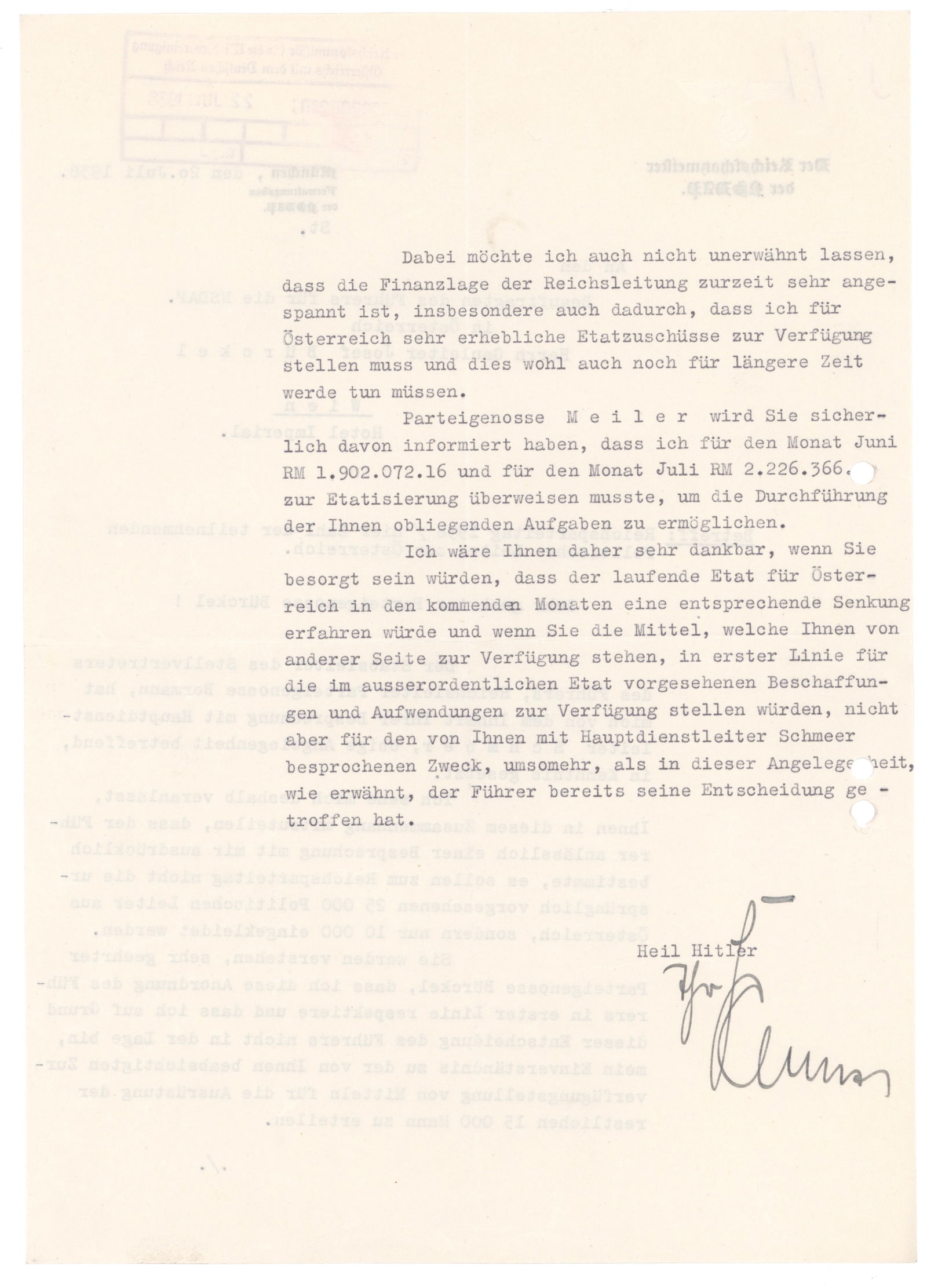 NSDAP TREASURER FRANZ XAVER SCHWARZ REQUESTS BUDGET CUTS FOR THE 1938 REICHS PARTY DAY: FRANZ XAVER SCHWARZ (1875-1947) SS functionary and NSDAP politician, served as National Treasurer of the NSDAP for most of its existence. Interesting content T.L.S., 2pp. 4to., Munich, July 20, 1938,