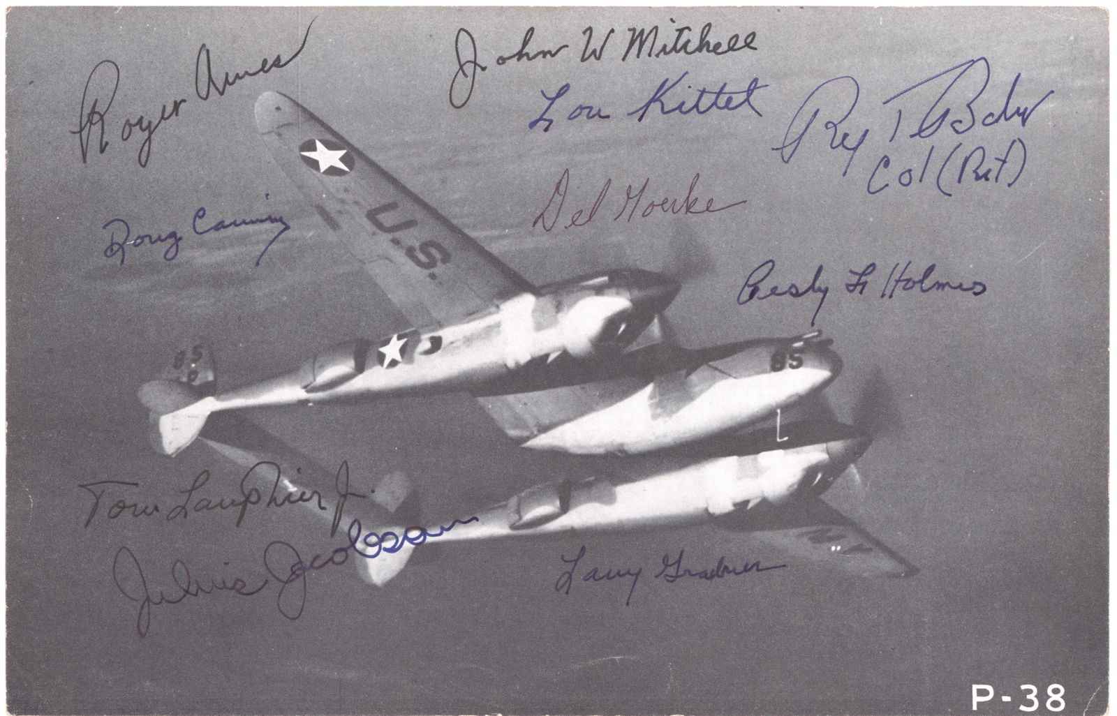 (OPERATION VENGEANCE): Vintage S.P. 8 x 5.25 in. b/w, a printed image showing the squadron sent, on April 18, 1943, to assassinate Japanese Admiral Yamamoto. Boldly signed by ten pilots who took part in the operation:
