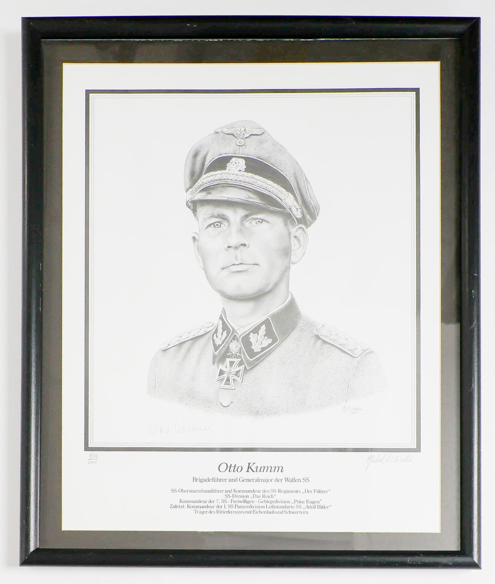 OTTO KUMM: (1909 - 2004) SS-Brigadefuhrer and Generalmajor of the Waffen-SS, also a recipient of the Knight's Cross of the Iron Cross with Oak Leaves and Swords. Signed limited edition print, 14.5 x 19 in.