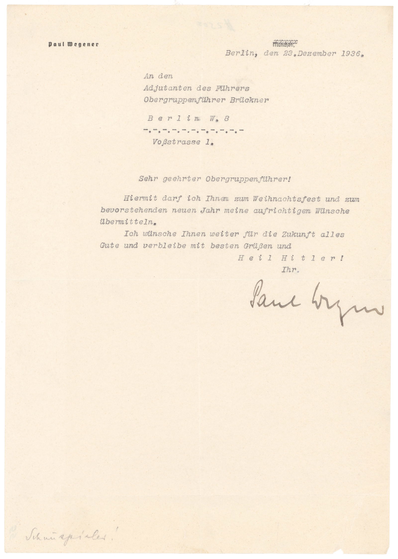 PAUL WEGENER: (1908 - 1993) SS political general, head of NSDAP organization in Norway, Gauleiter and Governor of Weser-Ems. Sentenced to six years for war crimes. Fine association T.L.S. 1p. 4to., Berlin, Dec. 23,