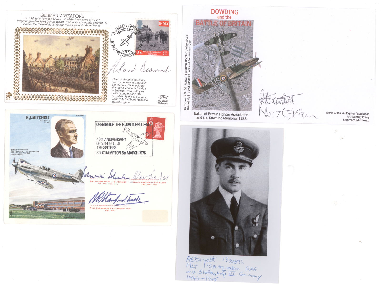 PROMINENT R.A.F. PILOTS (12): Lot of eleven signed postal covers, one multi-signed, and one signed photograph of prominent R.A.F. pilots, including ROLAND BEAUMONT (2), DAVID PARRY-EVANS, ROGER PALIN, RYAN BRYETT (S.P., a 'Great