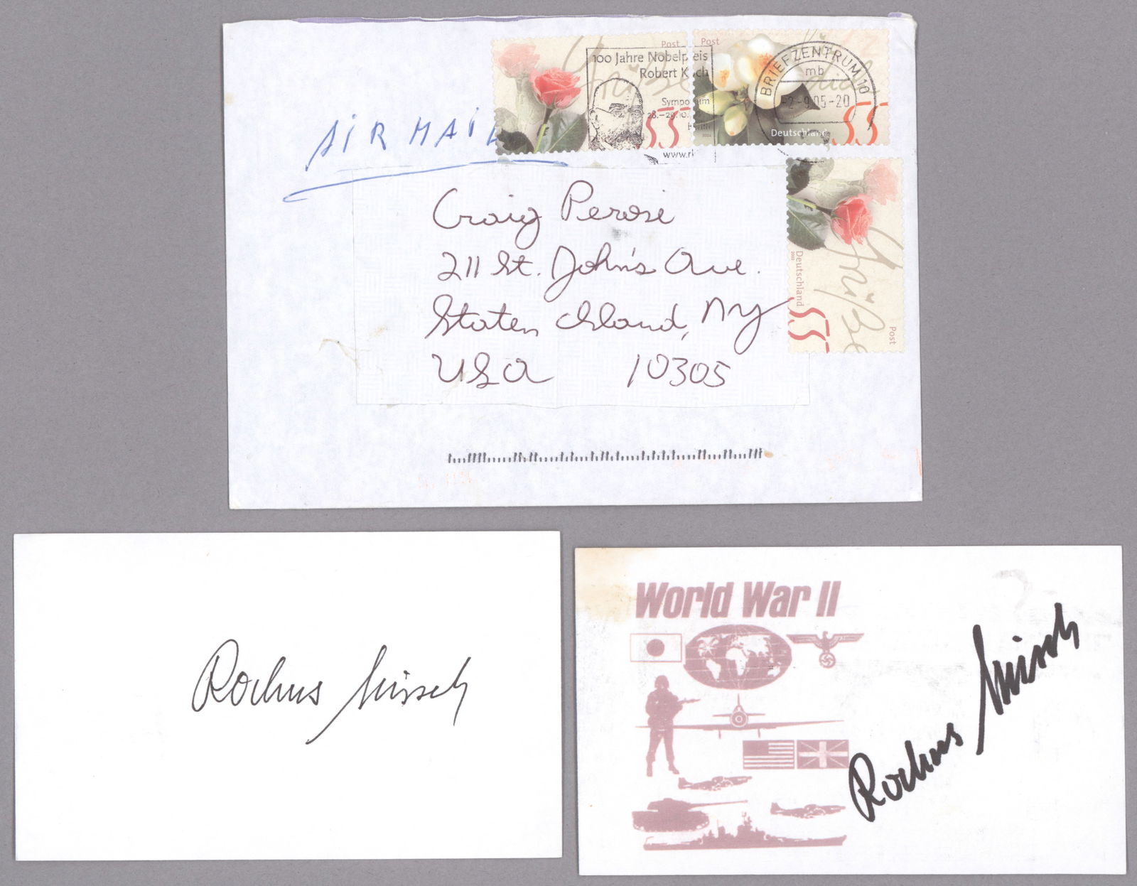 ROCHUS MISCH: (1917-2013) Oberscharfuhrer in the 1st SS Div. Leibstandarte SS Adolf Hitler, served as a courier, bodyguard and telephone operator for Adolf Hitler. Three items: two 3 x 5 in, cards, each boldly