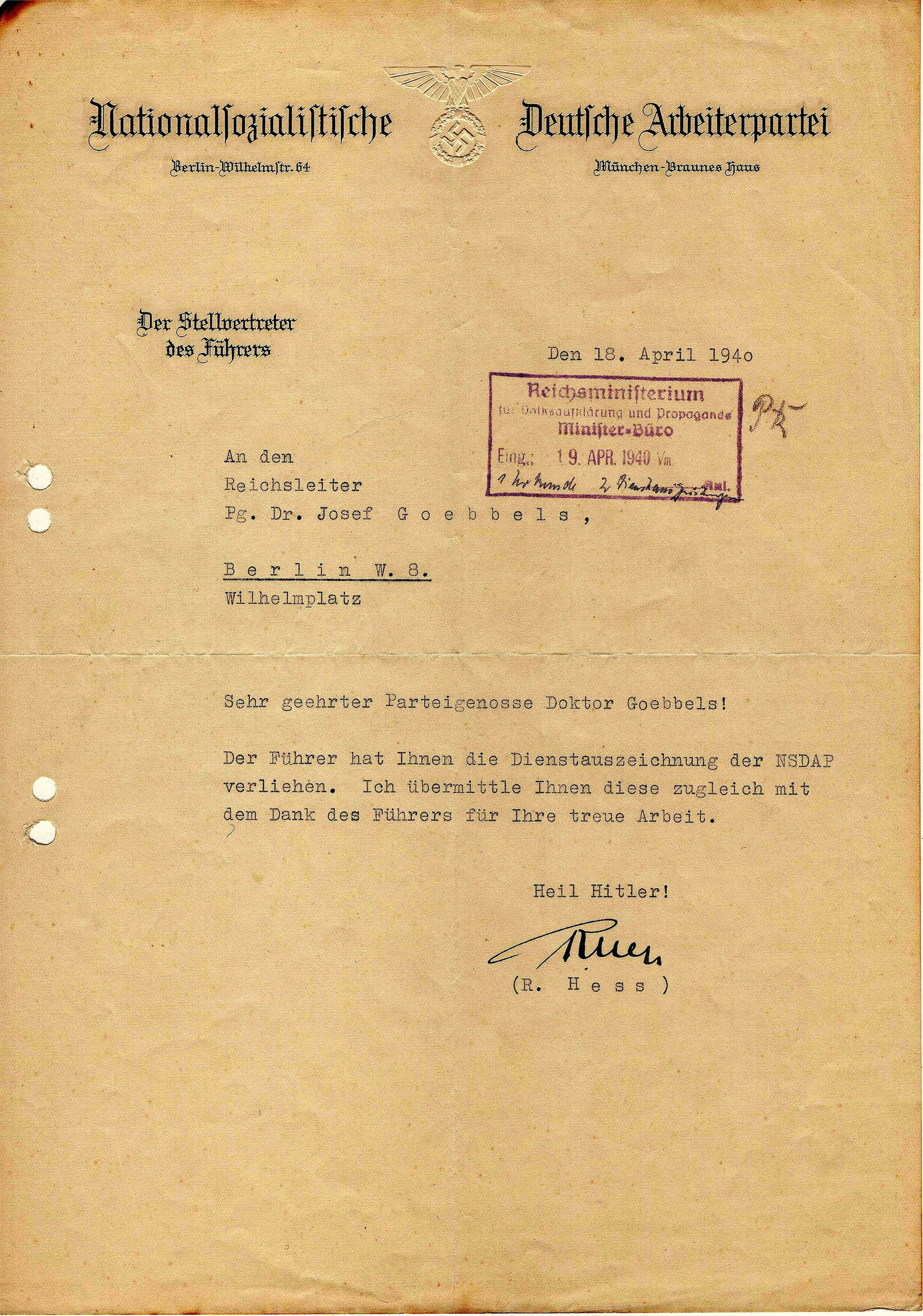 RUDOLF HESS: (1894 - 1987) Nazi German Deputy Fuehrer and second in command after Goering, Hess was one of Hitler's closest confidantes and friends. In an unauthorized peace mission, Hess flew a German fighter to