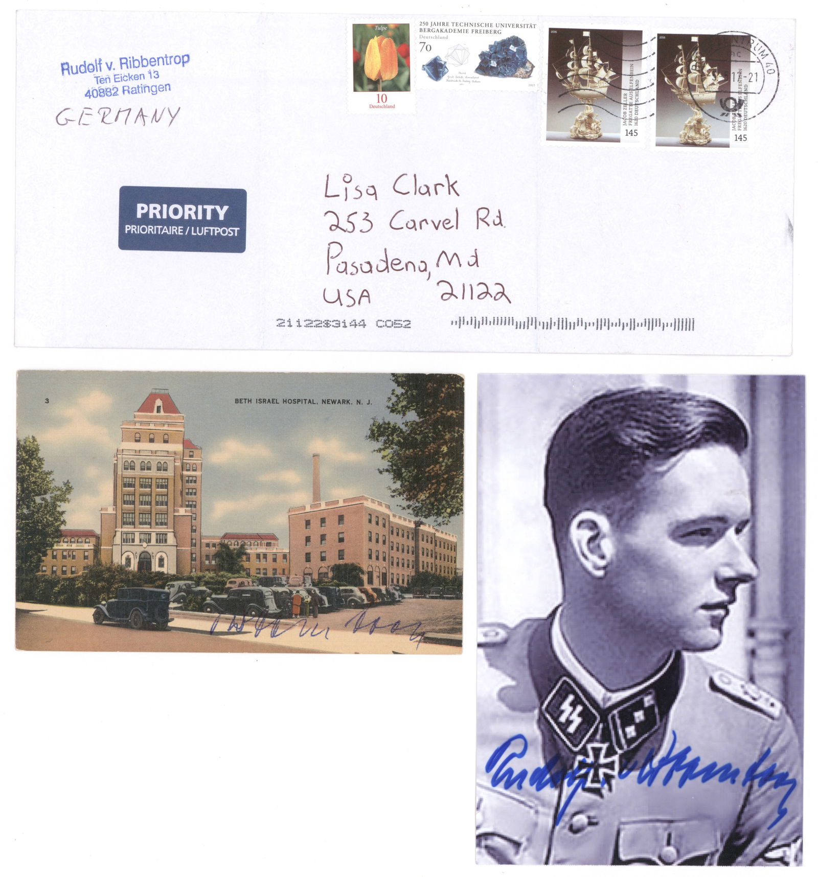 RUDOLF VON RIBBENTROP: (1921 - 2019) German Waffen-SS officer and Knights Cross recipient, son of Foreign Minister Joachim von Ribbentrop. He was a member of the LSSAH. Three items: S.P. 4 x 6 in. b/w, a reprint of a