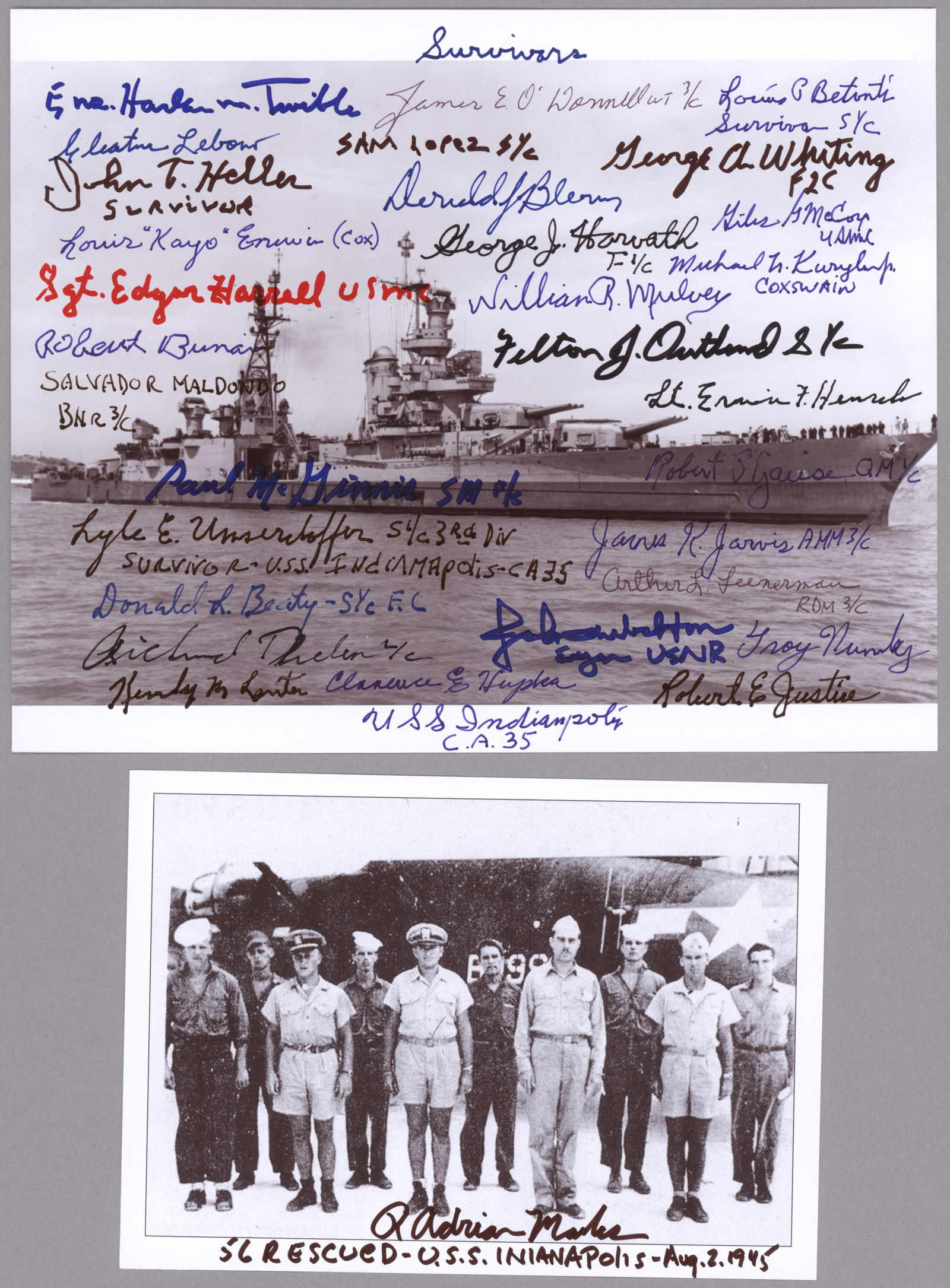 (USS INDIANAPOLIS): A great lot of five items relative to the sinking of the USS INDIANAPOLIS, includes: a 10 x 8 in. b/w, reprint of the cruiser, signed by 30 survivors: TROY NUNLEY, ROBERT GAUSE, LYLE UMENHOFFER, SAM