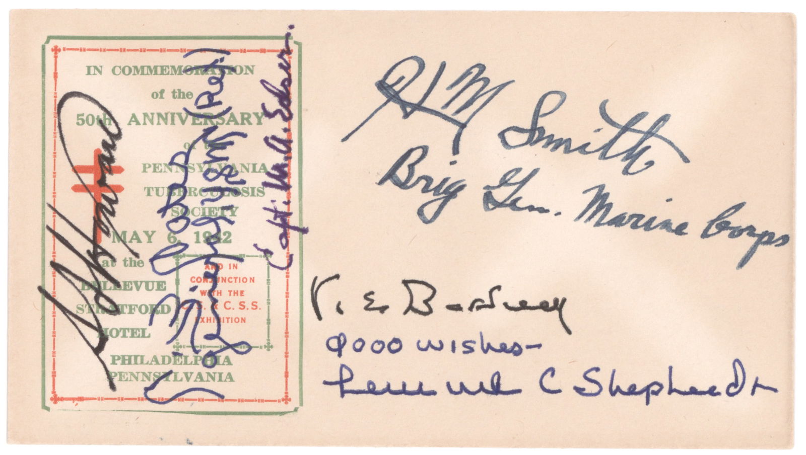 USMC HEROES: Commemorative cover honoring the 50th Anniversary of the Pennsylvania Tuberculosis Society, printed May 6, 1942 (the day of the Battle of Corregidor) and signed by six prominent Marine officers: