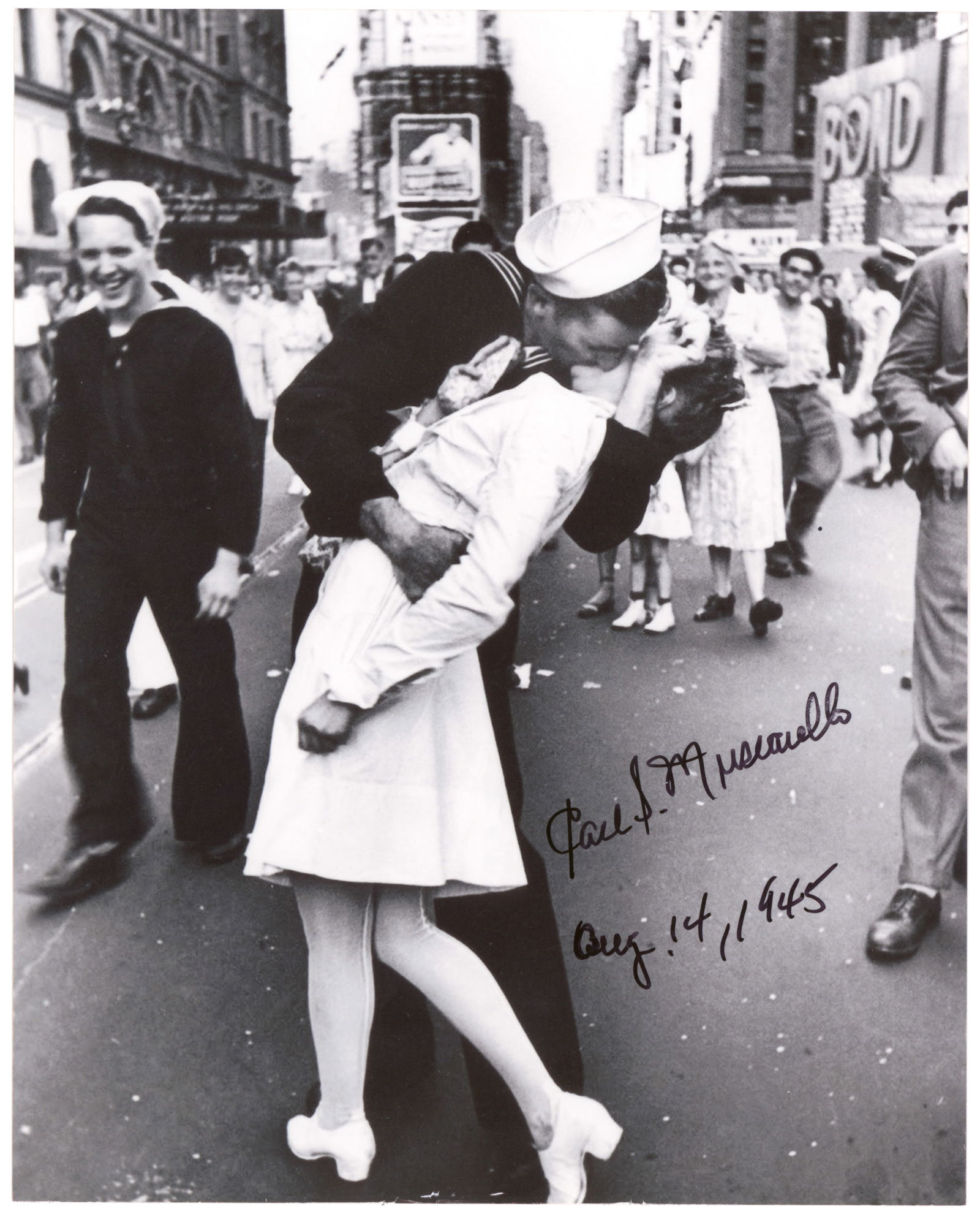 (V-J DAY): CARL MUSCARELLO (1927-2024) U.S. Navy sailor, widely thought to be the ‘kissing sailor' in Albert Eisenstadt's iconic photograph ‘V-J Day in Times Square'. S.P. 8 x 10 in. b/w, a modern