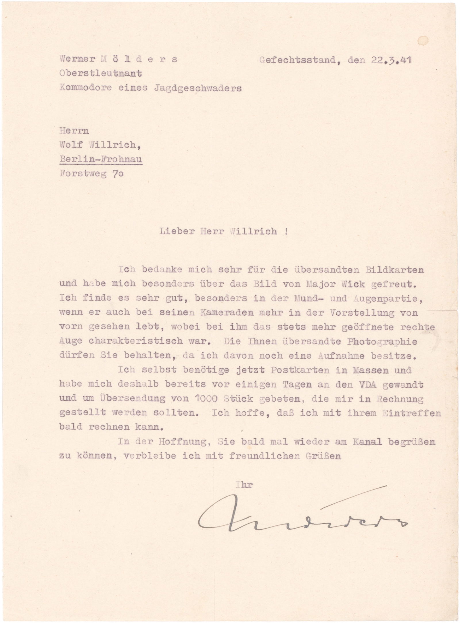 WERNER MOLDERS: (1913 - 1941) German Luftwaffe ace, he became the leading German ace in the Spanish Civil War and was the first to claim 100 'kills'. A fine pair of associated signed pieces. Included is a rare S.P.,