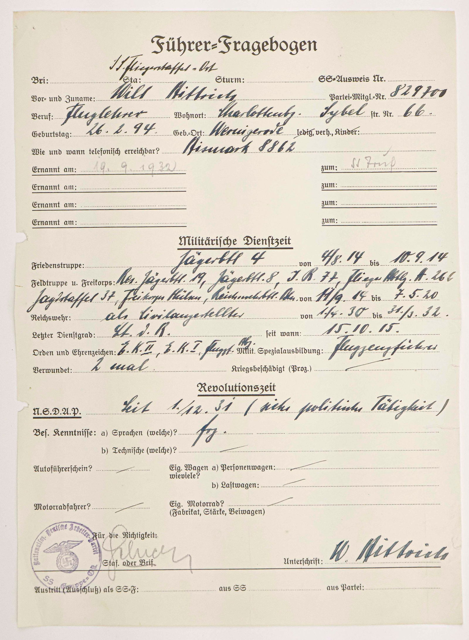 WILHELM BITTRICH: (1894 - 1979) General of the Waffen-SS who commanded the SS Cavalry Division 'Florian Geyer' in rear security operations ('bandit fighting') in the Soviet Union. Fine content A.D.S. signed twice, 1p.