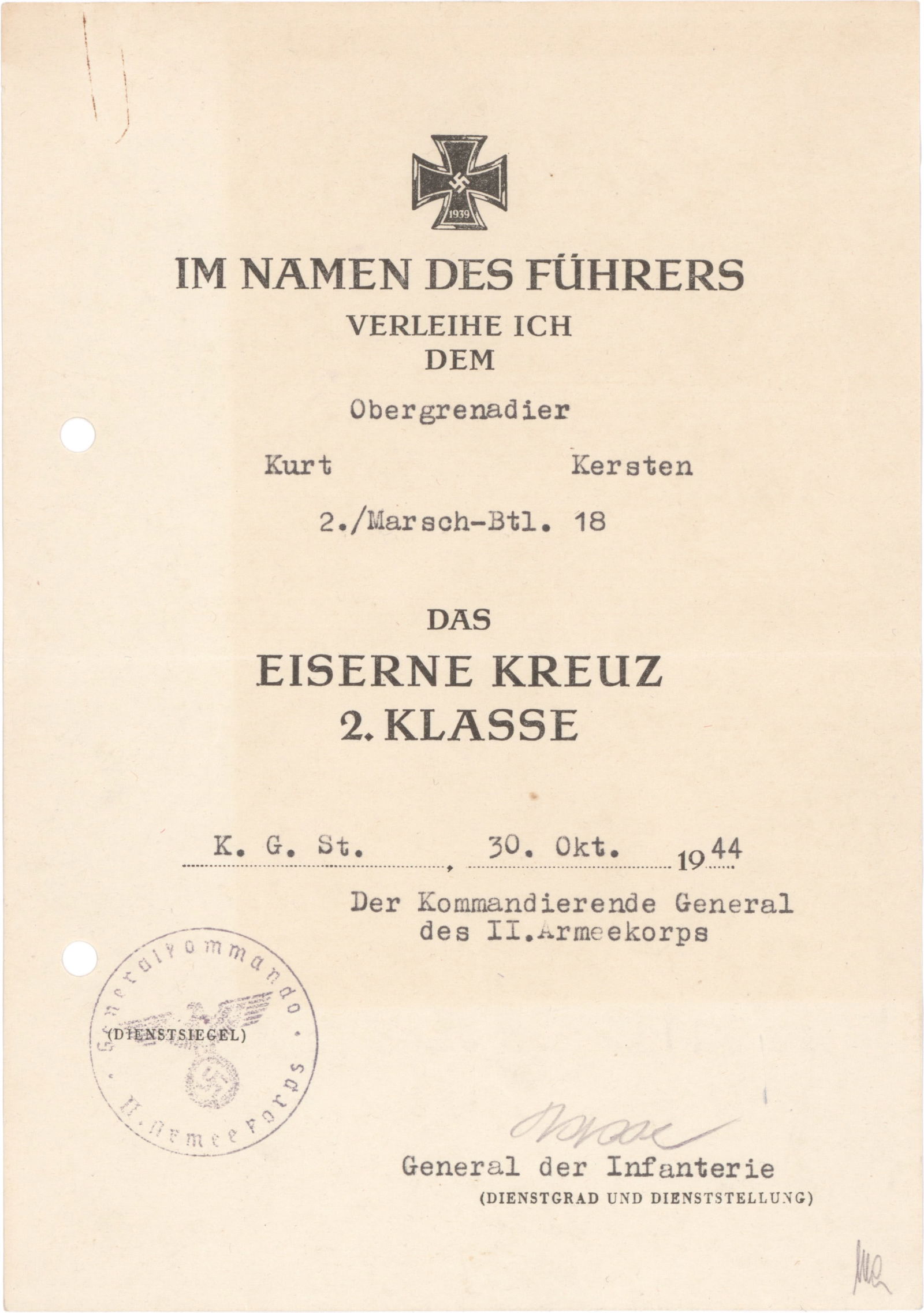 WILHELM HASSE: (1894 – 1945) German general, commander of the 17th Army. He was a recipient of the Knight's Cross with Oak Leaves. Hasse died on 21 May 1945 of wounds sustained earlier that month. Scarce