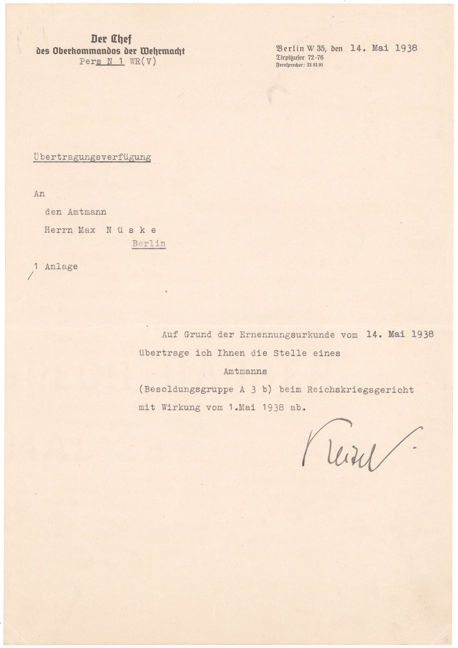 WILHELM KEITEL: (1882-1946) German field marshal and army chief of staff under Adolf Hitler, convicted of war crimes and executed at Nuremberg. T.L.S. as head of the OKW on official letterhead, 1p. 4to., Berlin,