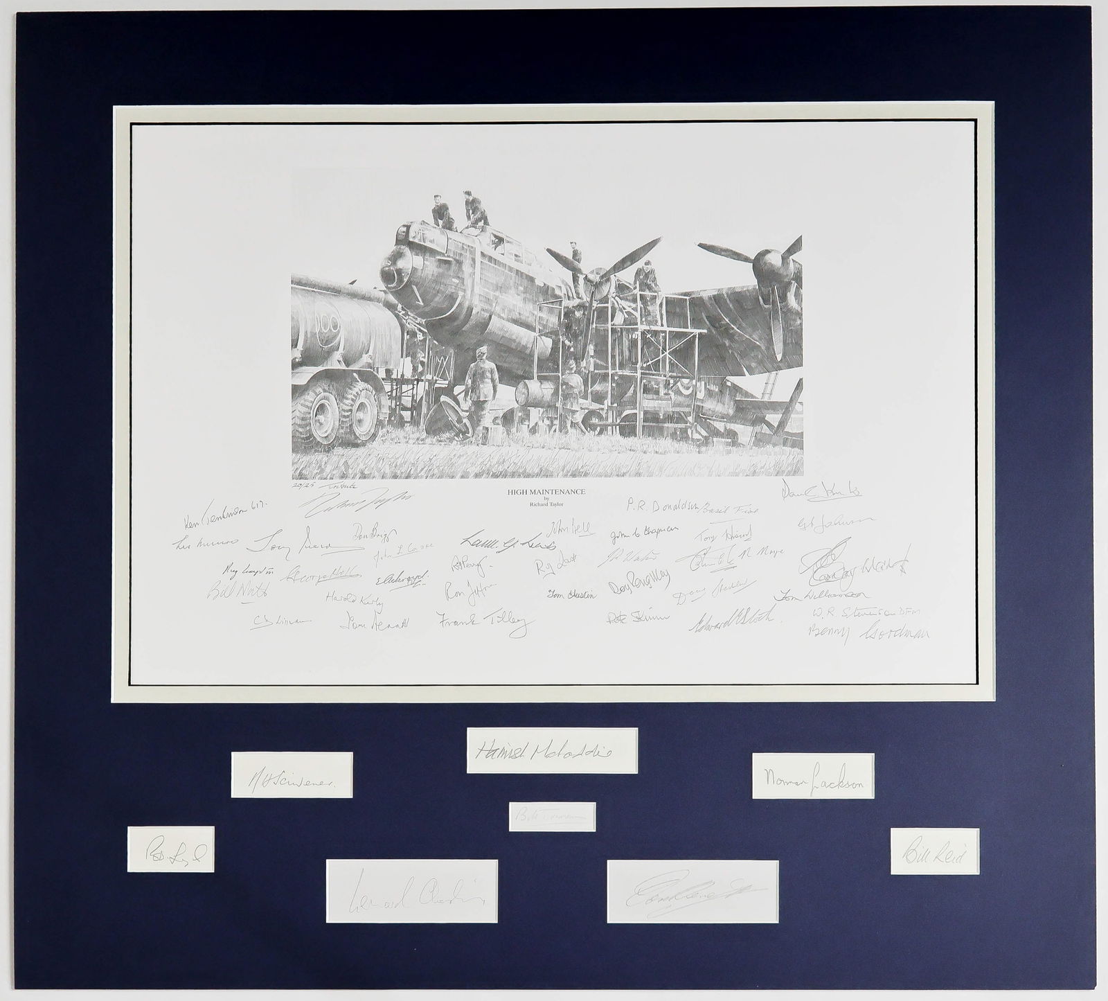 WORLD WAR II RAF BOMBERS: A handsome, extremely limited edition print of a drawing by Richard Taylor, signed by him and numbered 20/25, 19.5 x 13 in. (sight), titled 'High Maintenance' and showing a bomber being readied by a g