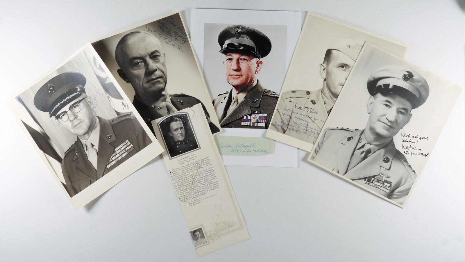 WORLD WAR II MARINE CORPS GENERALS (6): A good lot of six pieces signed by prominent World War II Marine commanders, in various formats (noted). Includes: IRA KIMES (signature on a 4 x 11 in. yearbook page with his, very faint); DAVID
