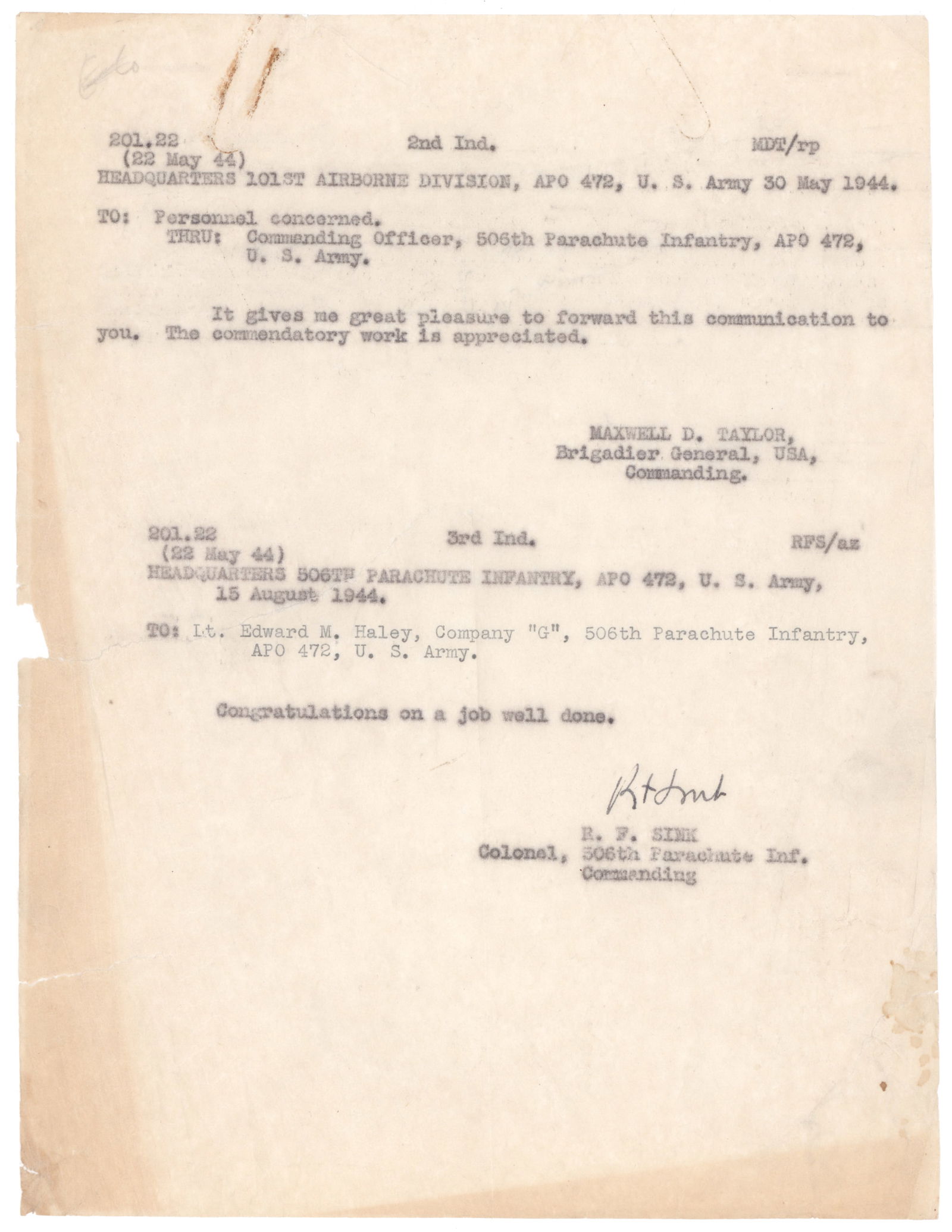 ('BAND OF BROTHERS' 506TH P.I.R.) COL. ROBERT F. SINK: ROBERT F. SINK (1905–1965) American lieutenant general who fought during World War II and the Korean War, though he was most famous for his command of the 506th Parachute Infantry Regiment, part