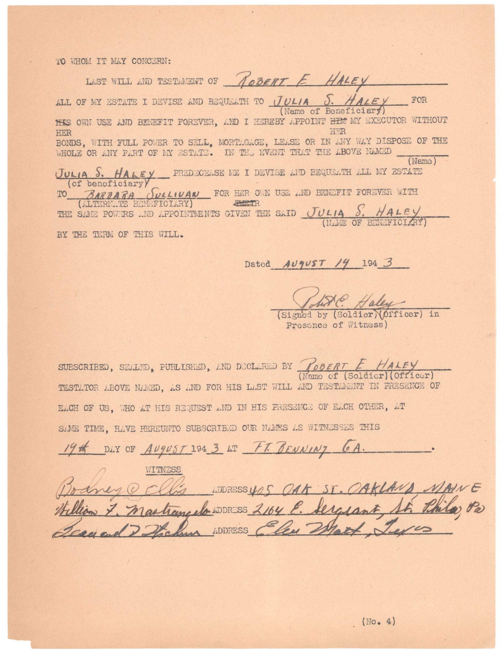 ('BAND OF BROTHERS' 506TH P.I.R.) LT. ROBERT E. HALEY'S LAST WILL AND TESTAMENT: ROBERT E. HALEY (1919-2004) American military officer in the 101st Airborne Division, a well-rounded student and athlete from Connecticut who served first with the 541st P.I.R., then more famously as