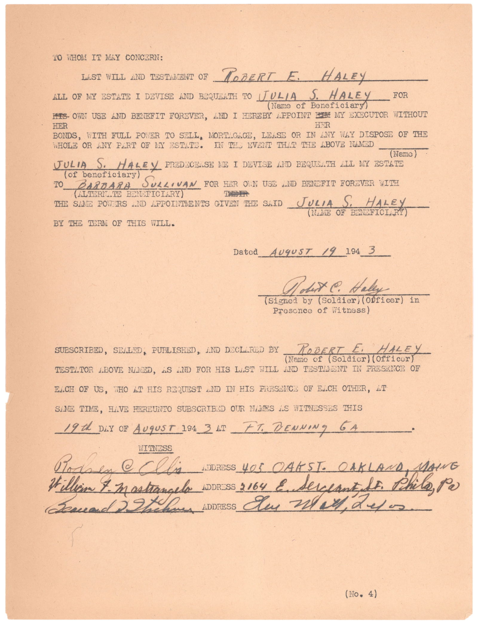 ('BAND OF BROTHERS' 506TH P.I.R.) LT. ROBERT E. HALEY'S LAST WILL AND TESTAMENT: ROBERT E. HALEY (1919-2004) American military officer in the 101st Airborne Division, a well-rounded student and athlete from Connecticut who served first with the 541st P.I.R., then more famously as