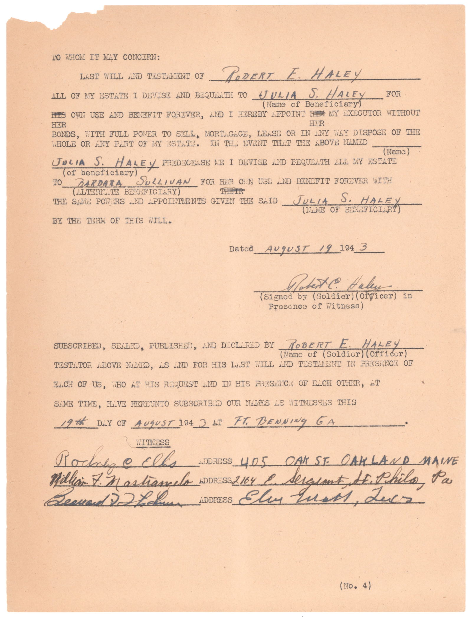 ('BAND OF BROTHERS' 506TH P.I.R.) LT. ROBERT E. HALEY'S LAST WILL AND TESTAMENT: ROBERT E. HALEY (1919-2004) American military officer in the 101st Airborne Division, a well-rounded student and athlete from Connecticut who served first with the 541st P.I.R., then more famously as