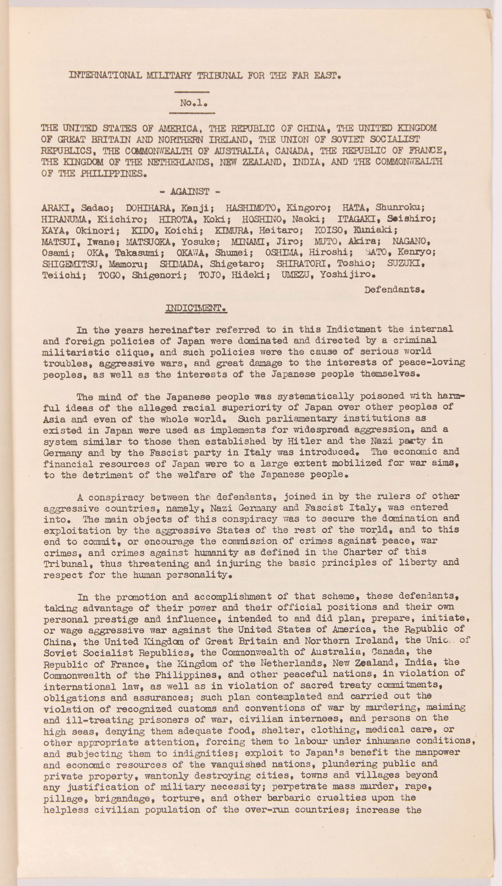 THE INDICTMENT AND ORGANIZATIONAL DOCUMENTS OF THE TOKYO WAR CRIMES TRIBUNAL (1 of 4)