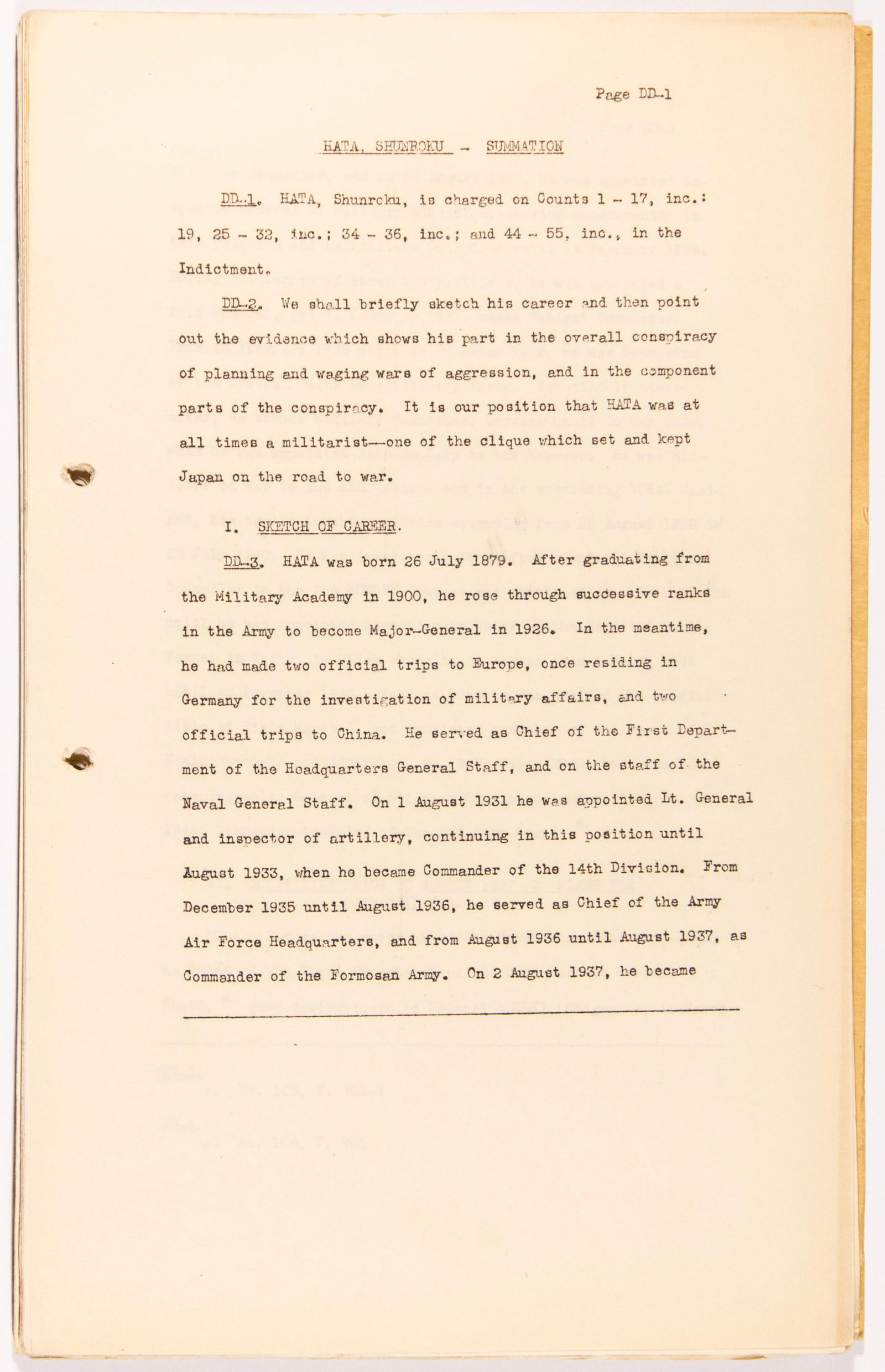 (TOKYO WAR CRIMES TRIBUNAL) SUMMATION OF THE CASE AGAINST FIELD MARSHAL SHUNROKU HATA IN ENGLISH AND (1 of 5)