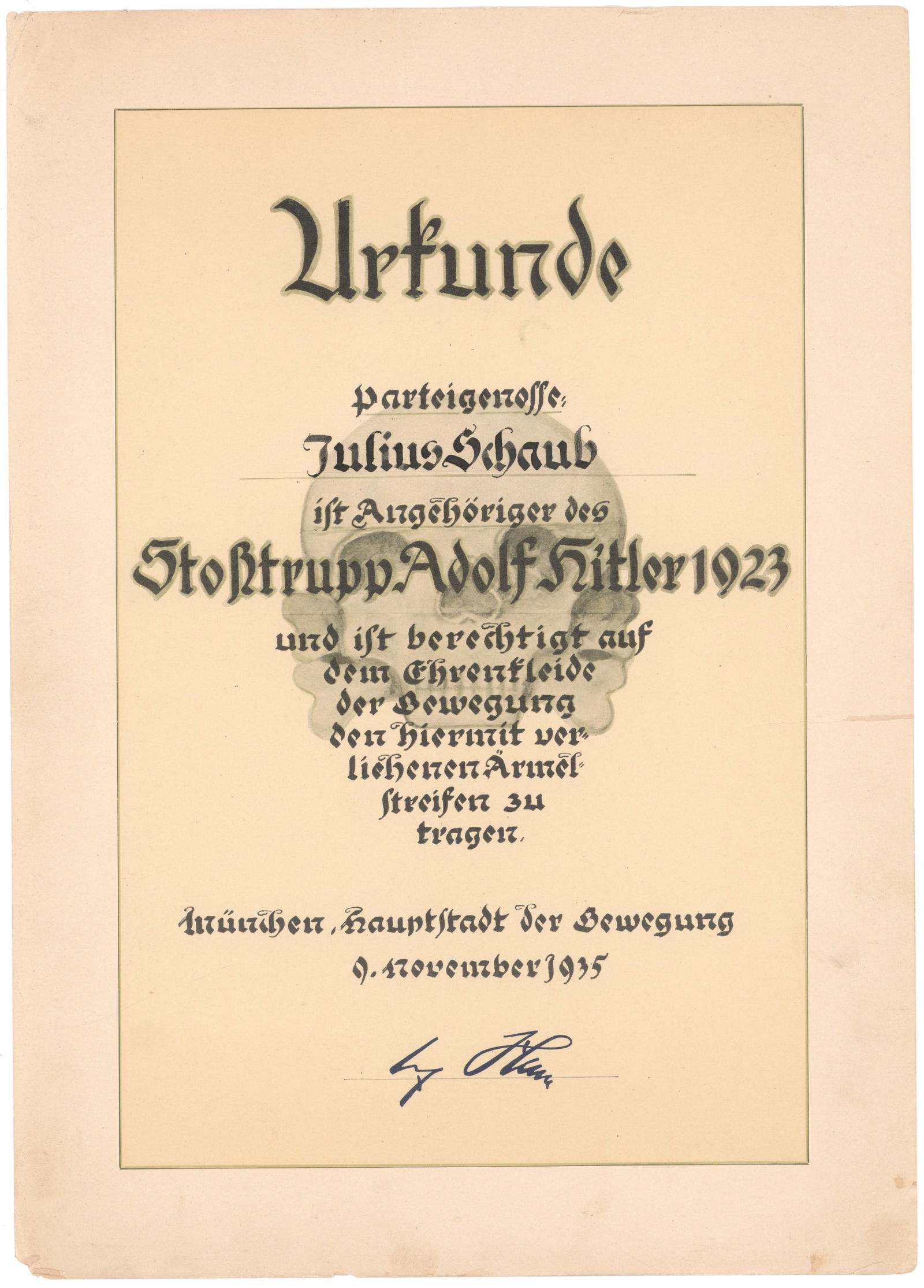 HITLER APPROVES SCHAUB'S INSIGNIA AS A MEMBER OF 'STOSSTRUPP ADOLF HITLER 1923': Very rare partly-printed D.S., 1p. 10.5 x 14.75 in., Munich, Nov. 9, 1935, a certificate issued to 'Party Comrade Julius Schaub' stating: '...[Schaub] is a member of the Adolf Hitler Shock Troop 1923