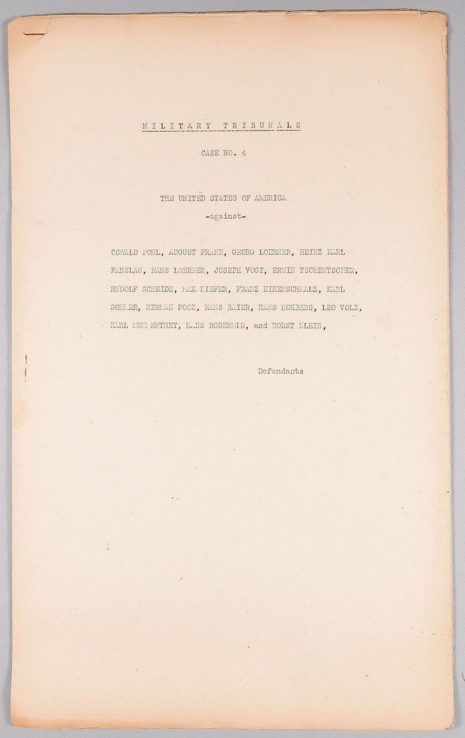 NUREMBERG WAR CRIMES TRIALS INDICTMENT, CASE 4 'THE POHL CASE': Nuremberg court-used document, 12pp. legal folio, Jan. 13, 1947, signed in type by Brig. Gen. and Chief of Counsel for War Crimes, TELFORD TAYLOR (1908-1998). This document sets forth the complete tex