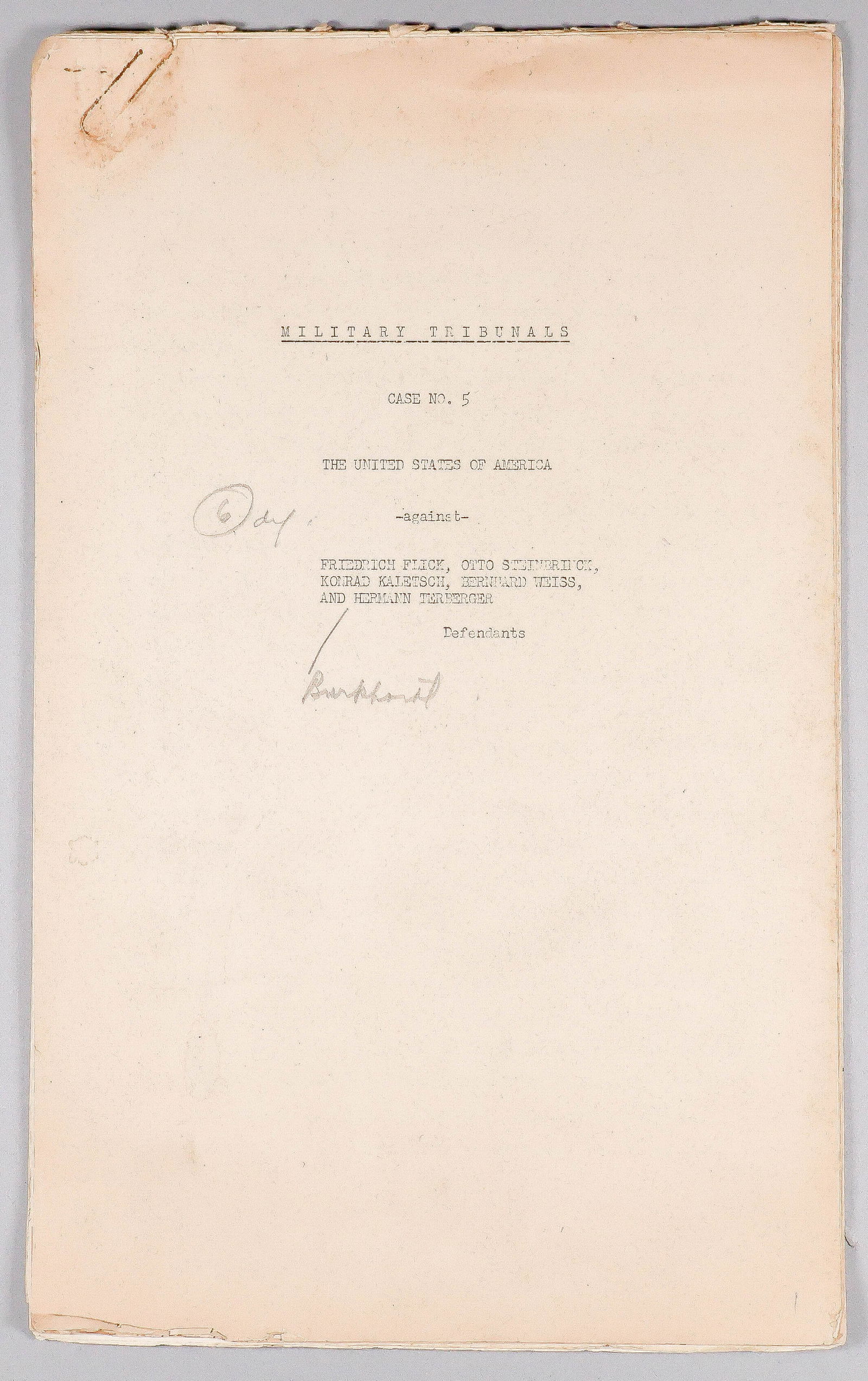 NUREMBERG WAR CRIMES TRIALS INDICTMENT, CASE 5 'THE FLICK CASE' (1 of 4)