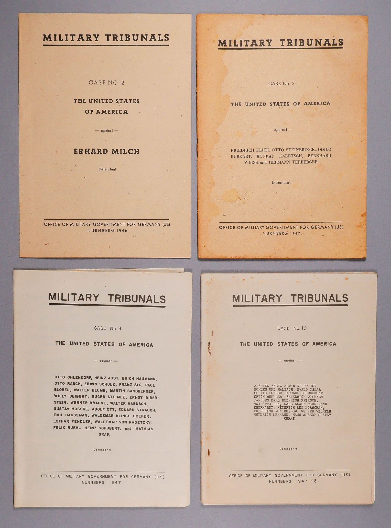NUREMBERG WAR CRIMES TRIALS PRINTED INDICTMENTS (4): Lot of four printed documents, each for one of the Nuremberg Military Tribunals held at that city in 1946-48 and issued by the Public Relations Office, Office of the Chief Counsel. Each 8vo. booklet i