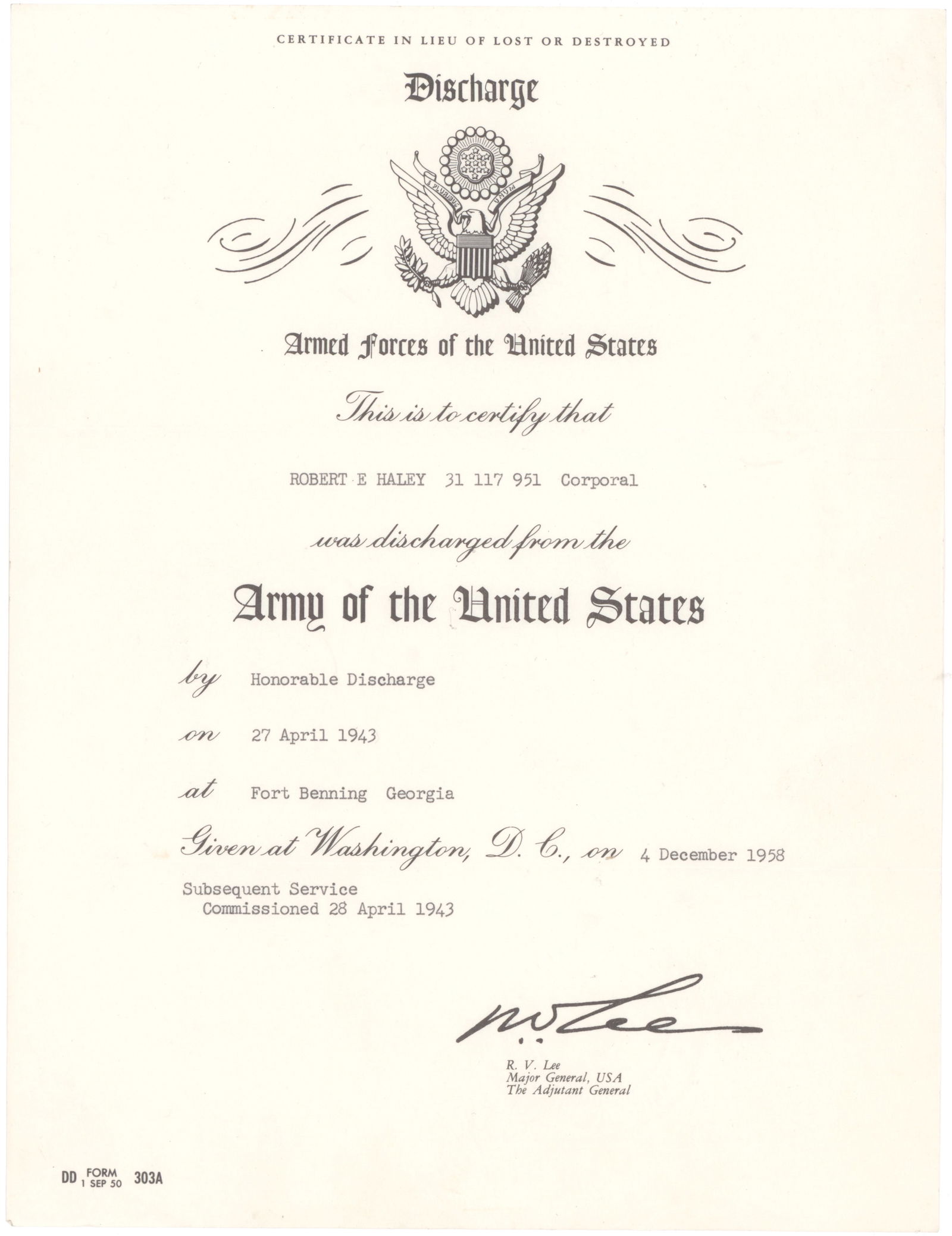 ('BAND OF BROTHERS' 506TH P.I.R.) LT. ROBERT E. HALEY'S DISCHARGE AND CERTIFICATE OF SERVICE (2) (1 of 2)