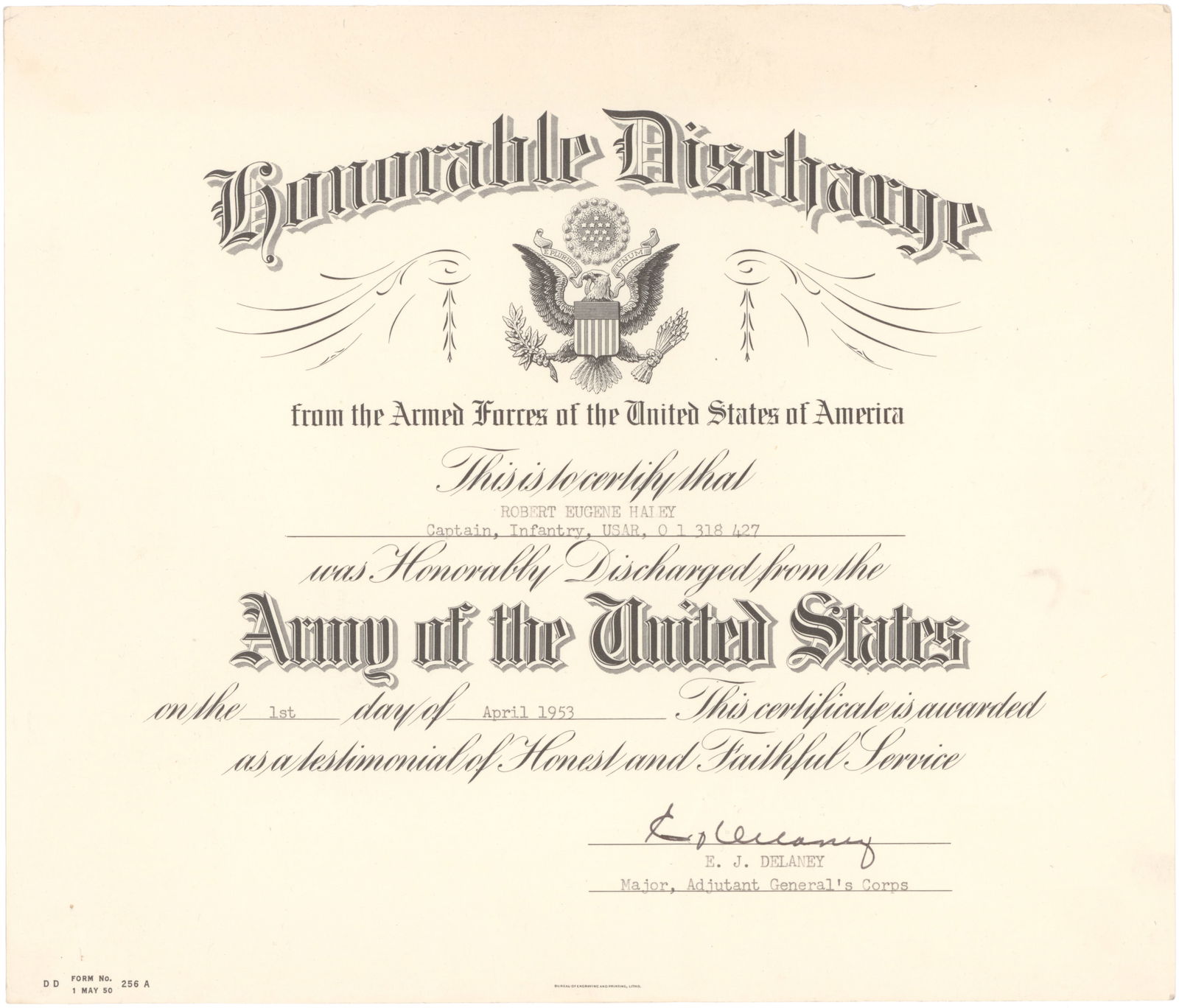 ('BAND OF BROTHERS' 506TH P.I.R.) LT. ROBERT E. HALEY'S HONORABLE DISCHARGE: ROBERT E. HALEY (1919-2004) American military officer in the 101st Airborne Division, a well-rounded student and athlete from Connecticut who served first with the 541st P.I.R., then more famously as