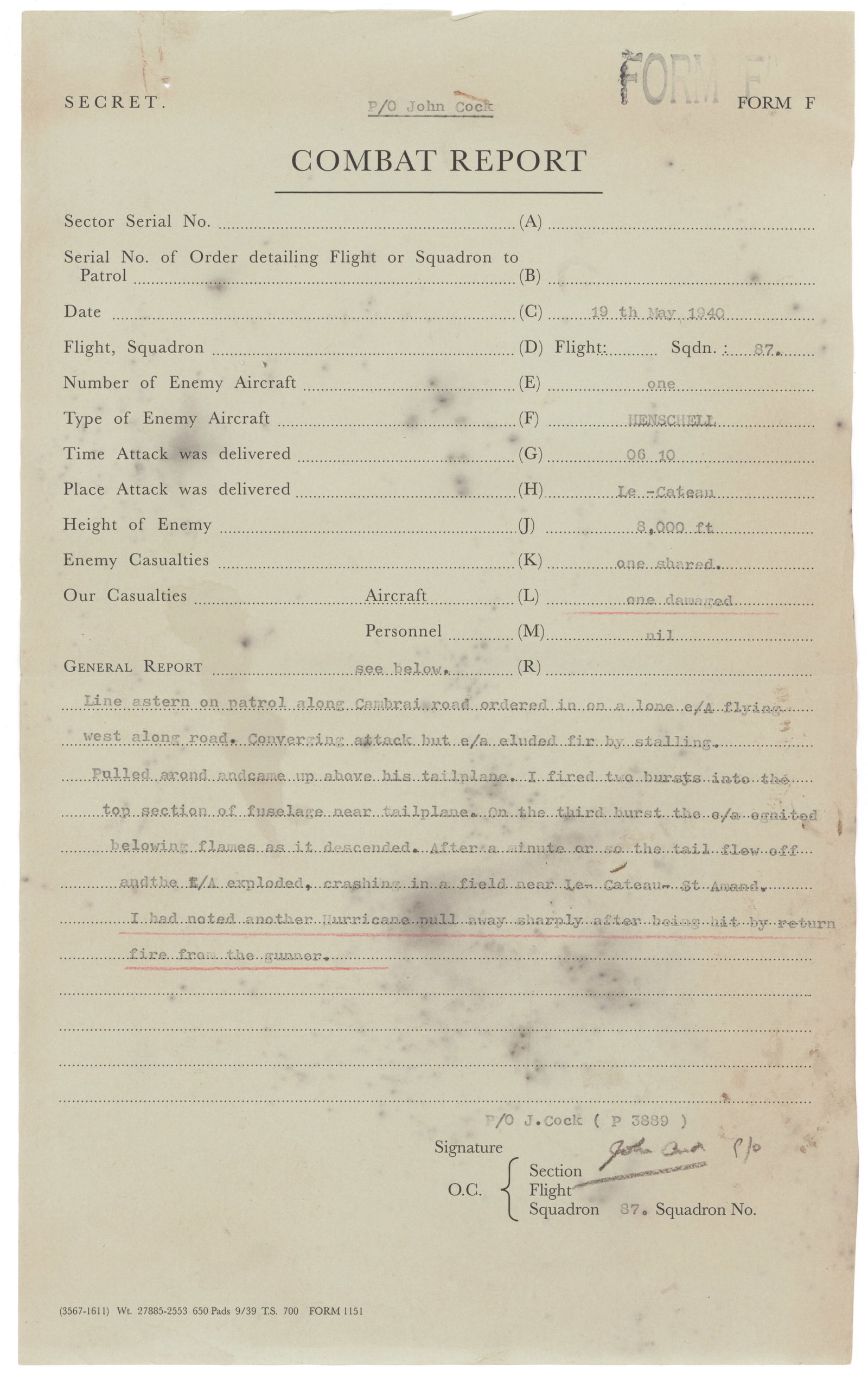 (BATTLE OF BRITAIN AIR COMBAT REPORT) JOHN COCK: JOHN COCK (1918–1988) Australian-born flying ace of the Royal Air Force (RAF) during the Second World War. He was credited with at least ten aerial victories. He flew Hawker Hurricane fighters