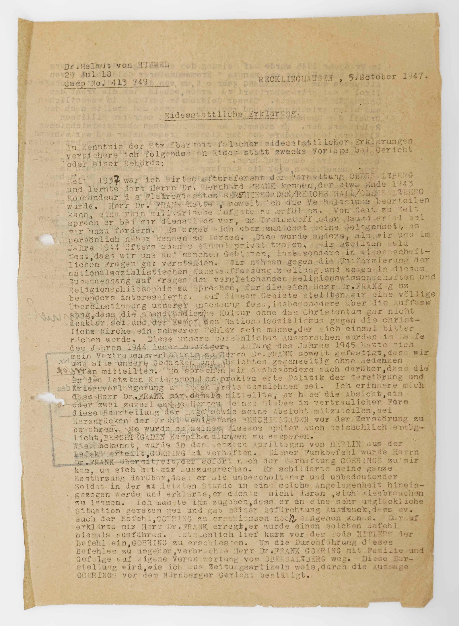 (NAZI STOLEN ART) HELMUT VON HUMMEL: HELMUT VON HUMMEL (1910-2012) German lawyer, SS-Sturmbannfuhrer and Martin Bormann's private secretary and personal advisor for special projects. He played a key role in the 'Special Order Linz' which