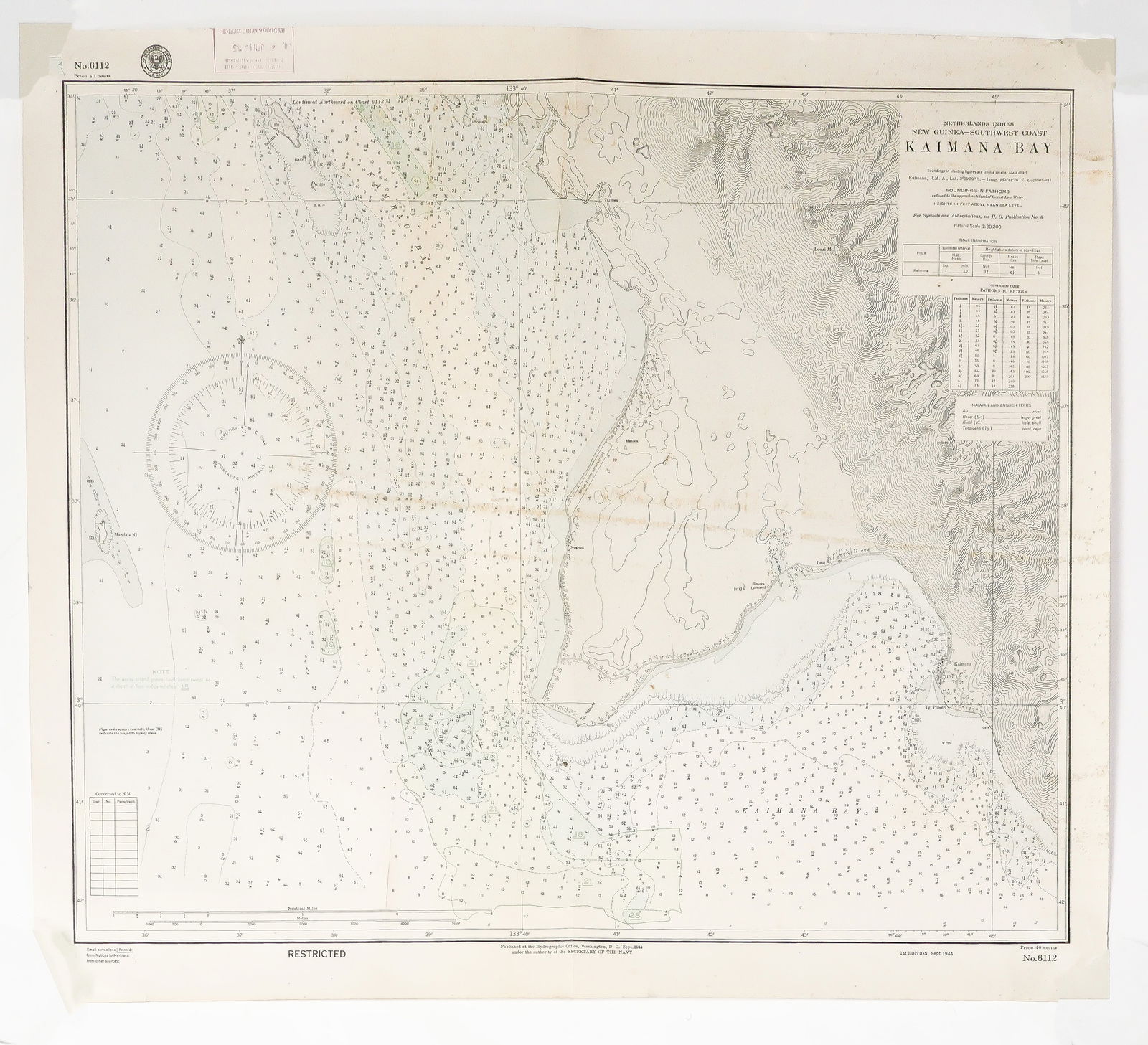 ALLIED NAVAL CHARTS OF NEW GUINEA AND BORNEO (9): Good group of nine ca. 1943-44 navigational charts, the largest 50 x 30 in., and the smallest 28.5 x 21.5 in., all depicting the waters around New Guinea and Borneo. All but one are U.S. Navy-issued,