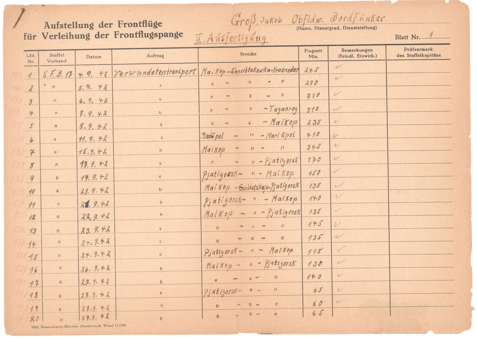 FLIGHT LOG OF PILOT FLYING WOUNDED IN THE CAUCASUS: Fine content D.S., 2pp. 4to., [n.p., n.d., but Caucasus region ca. October, 1942), the flight log of Radioman Oberfeldwebel Jakob Gross submitted to substantiate the application for the award of his