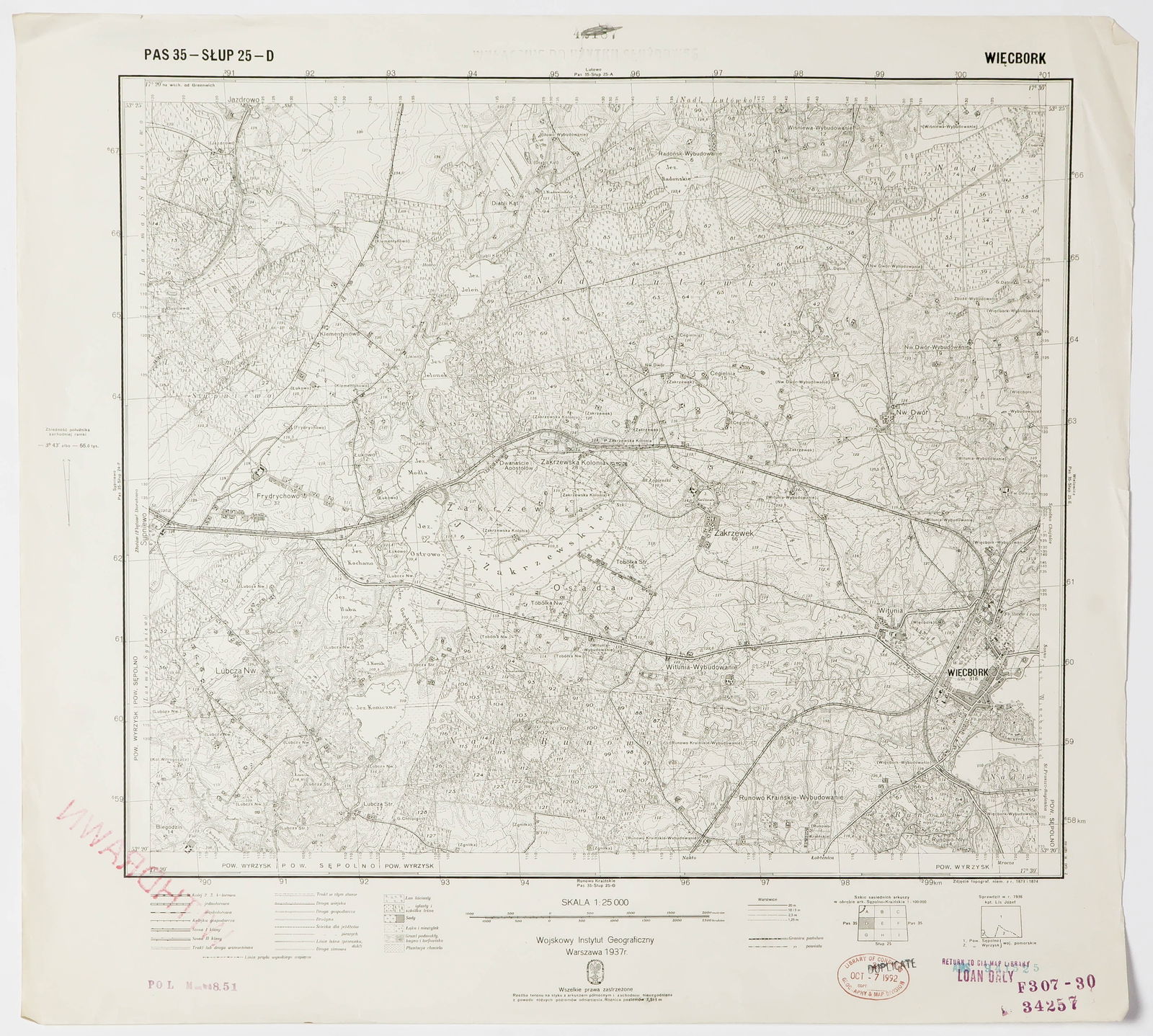 GERMAN-CAPTURED, CIA-USED MAPS OF POLAND (36): Good lot of 36 maps of different regions in Poland, each 21.75 x 19.75 in., all of which were captured by German forces at some point during the war in Europe. The maps were produced by the Wojskowy