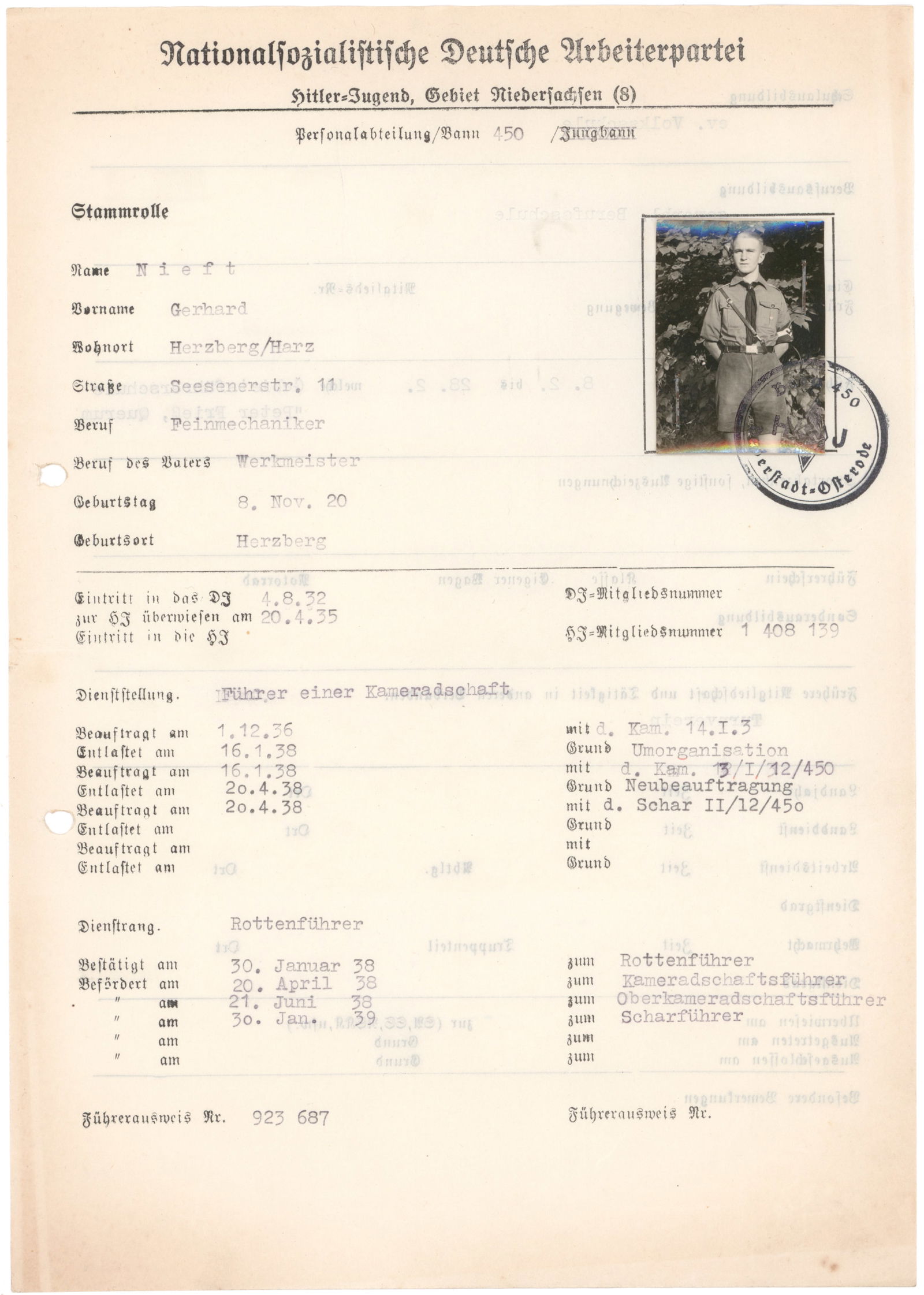 MUSTER ROLL FILE FOR A HITLER YOUTH MEMBER: A Stammroll, or muster roll, for Hitler Youth member Gerhard Nieft of Herzberg am Herz, includes: partly-printed document, 2pp. 4to., [n.p., n.d.] his identification sheet, listing his date of birth,