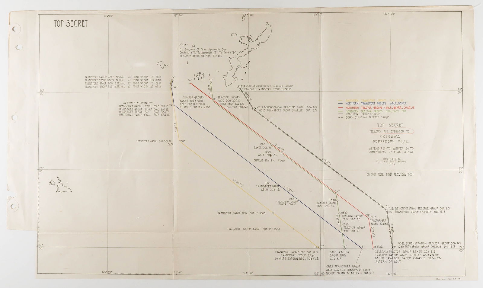 OKINAWA PROPOSED INVASION MAP: Original issue Okinawa invasion map, 22 x 12.5 in., undated but ca. March, 1945, a 'TOP SECRET' printed map titled: 'TRACKS FOR APPROACH TO OKINAWA PREFERRED PLAN' showing the proposed approach plans