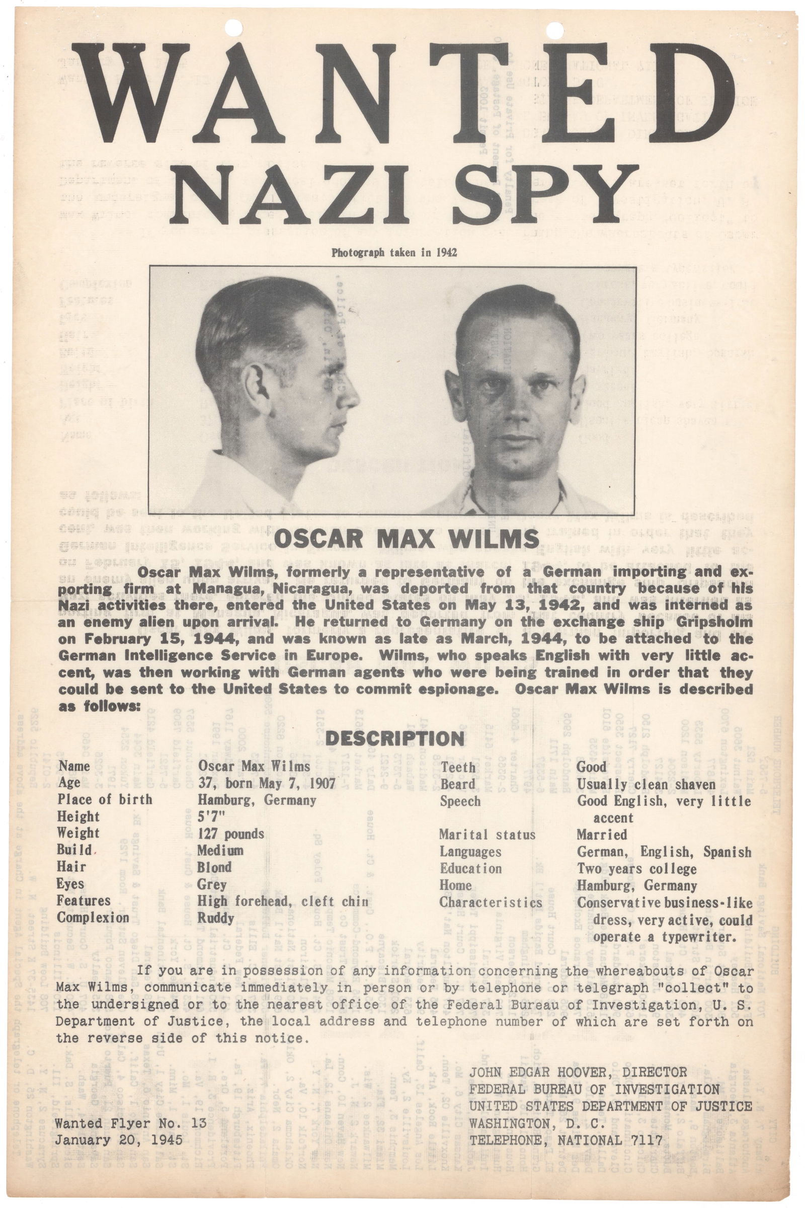 OSCAR MAX WILMS WANTED POSTER: (?-?) Purported Nicaraguan Nazi spy, who, according to the poster was ‘formerly a representative of a German importing and exporting firm at Managua, Nicaragua…deported from that country
