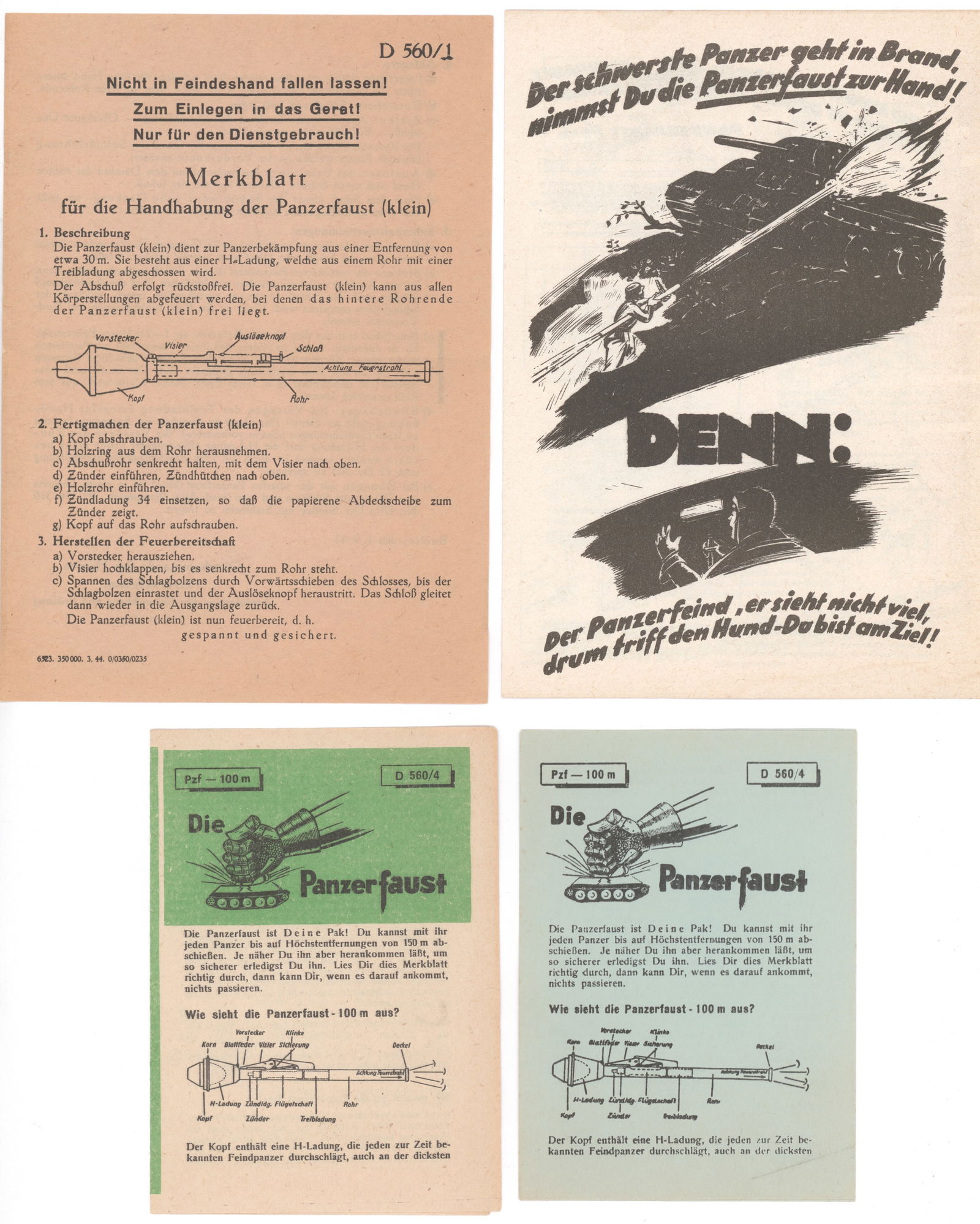 PANZERFAUST OPERATIONAL GUIDES (4): Excellent lot of four illustrated pamphlet guides to the German tank-killing 'Panzerfaust', 14pp. total, various sizes, all illustrated to varying degrees and apparently original printed copies. Some