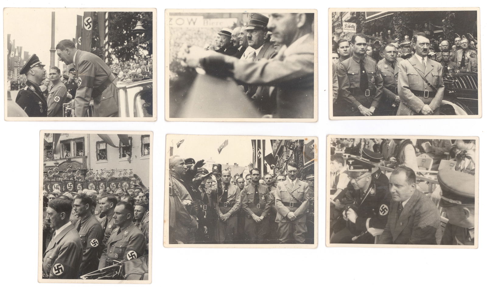 HITLER AND PARTY LEADERS IN WEIMAR, 1936 (6): Exceptional lot of six original 3.5 in. x 4.5 in. stamped Heinrich Hoffmann photographs showing among other events Adolf Hitler in Weimar to commemorate the tenth anniversary of a 1926 Nazi Party Cong