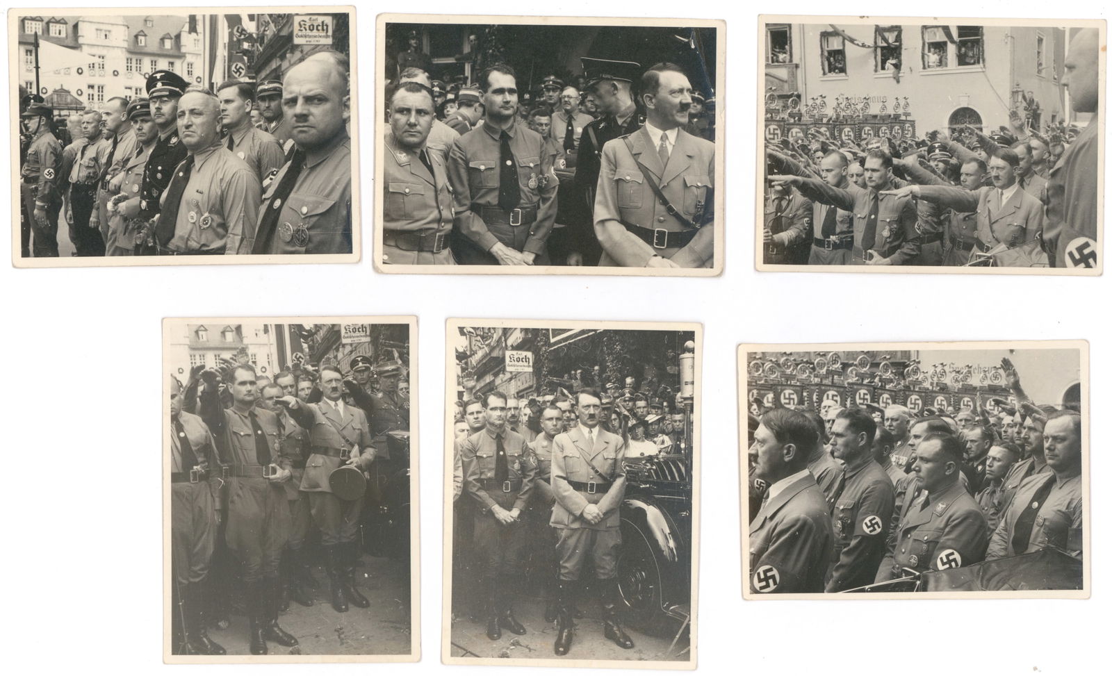 HITLER AND PARTY LEADERS IN WEIMAR, 1936 (6): Exceptional lot of six original 3.5 in. x 4.5 in. stamped Heinrich Hoffmann photographs showing among other events Adolf Hitler in Weimar to commemorate the tenth anniversary of a 1926 Nazi Party Cong
