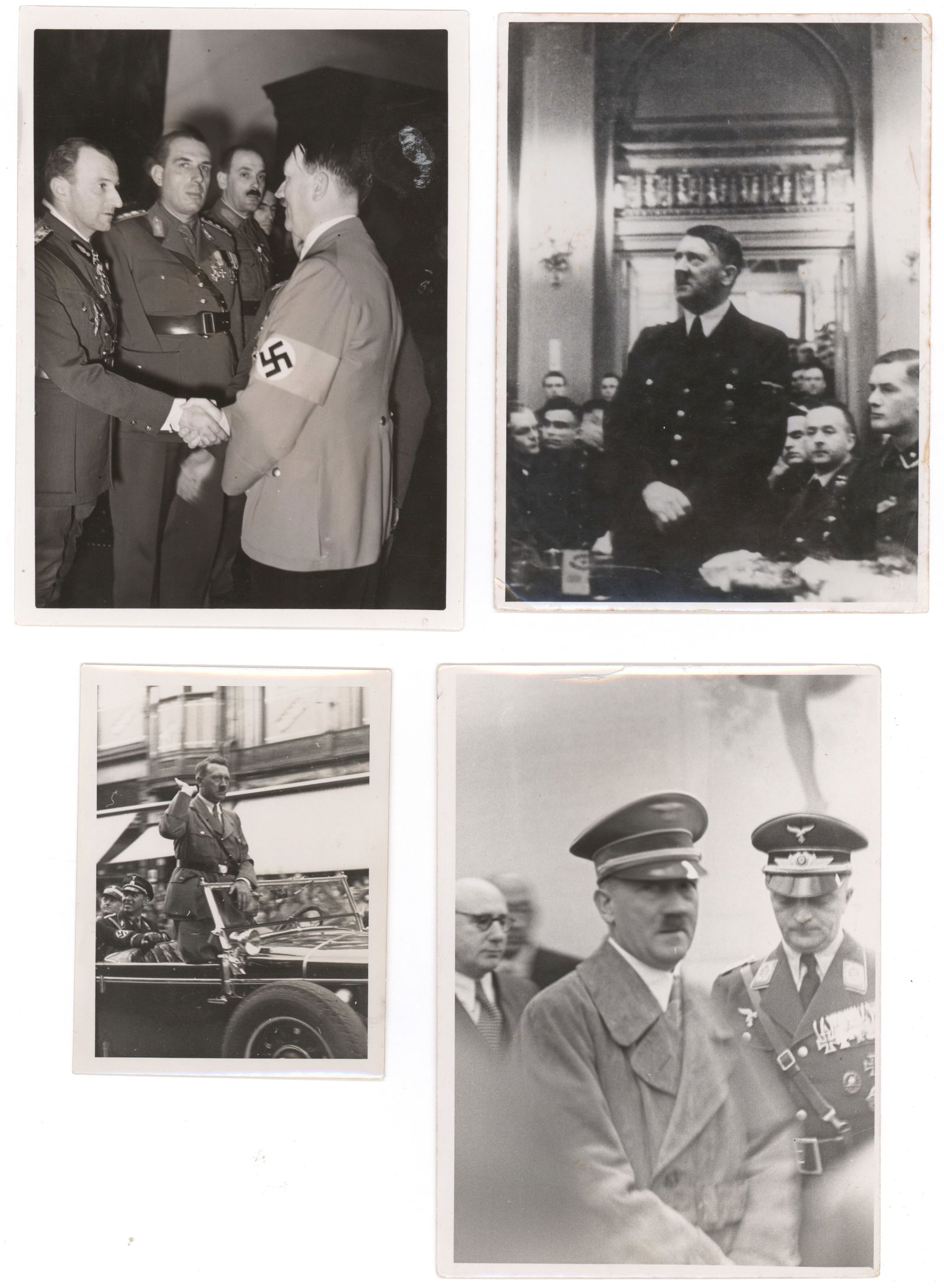 HITLER AND HIS FELLOW NAZIS PHOTO GROUPING (25): Fine lot of 25 type one photographs, original and stamped press photographs, depicting Adolf Hitler, German military officers and Nazi officials, and foreign dignitaries, almost all 5 x 7 in b/w. Abou